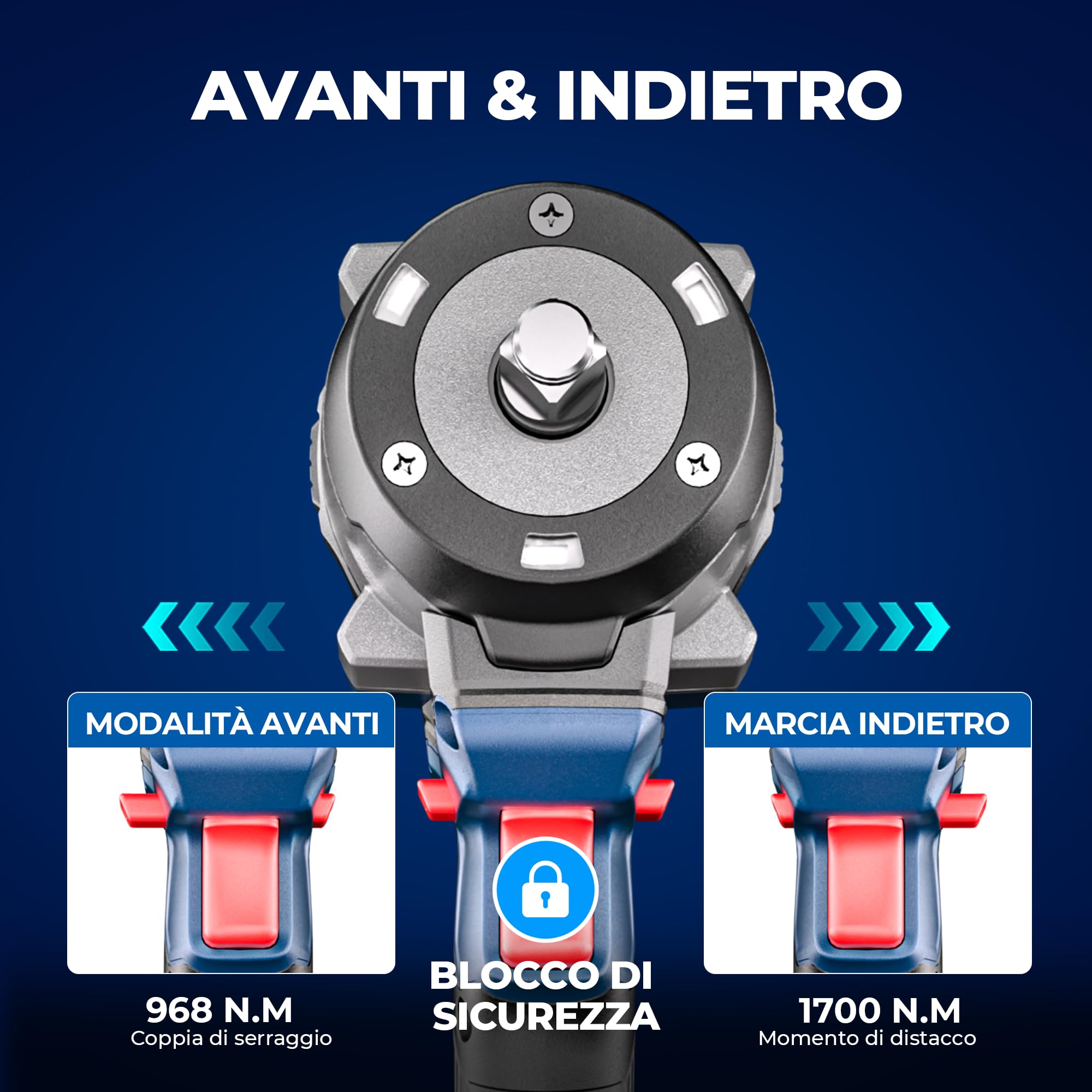 Dong Cheng Chiave a impulsi senza fili Brushless 1/2", 1700 Nm, 3 vel. 0-1900 giri/min, 2x5,0Ah + carica rapida + 3 bussole, per bulloni arrugginiti M10-M24