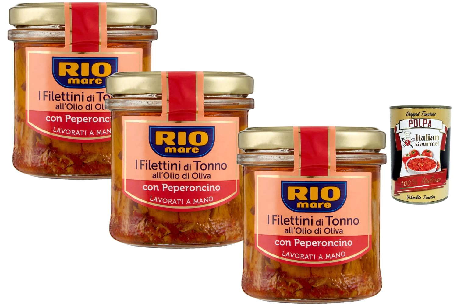 Italian Gourmet Bundle Thunfischfilets in Olivenöl mit Chili 3x 130g + Italian Gourmet Polpa Gratis – Italienische Filettini di Tonno mit Peperoncino, handverarbeitet im Glas 390g