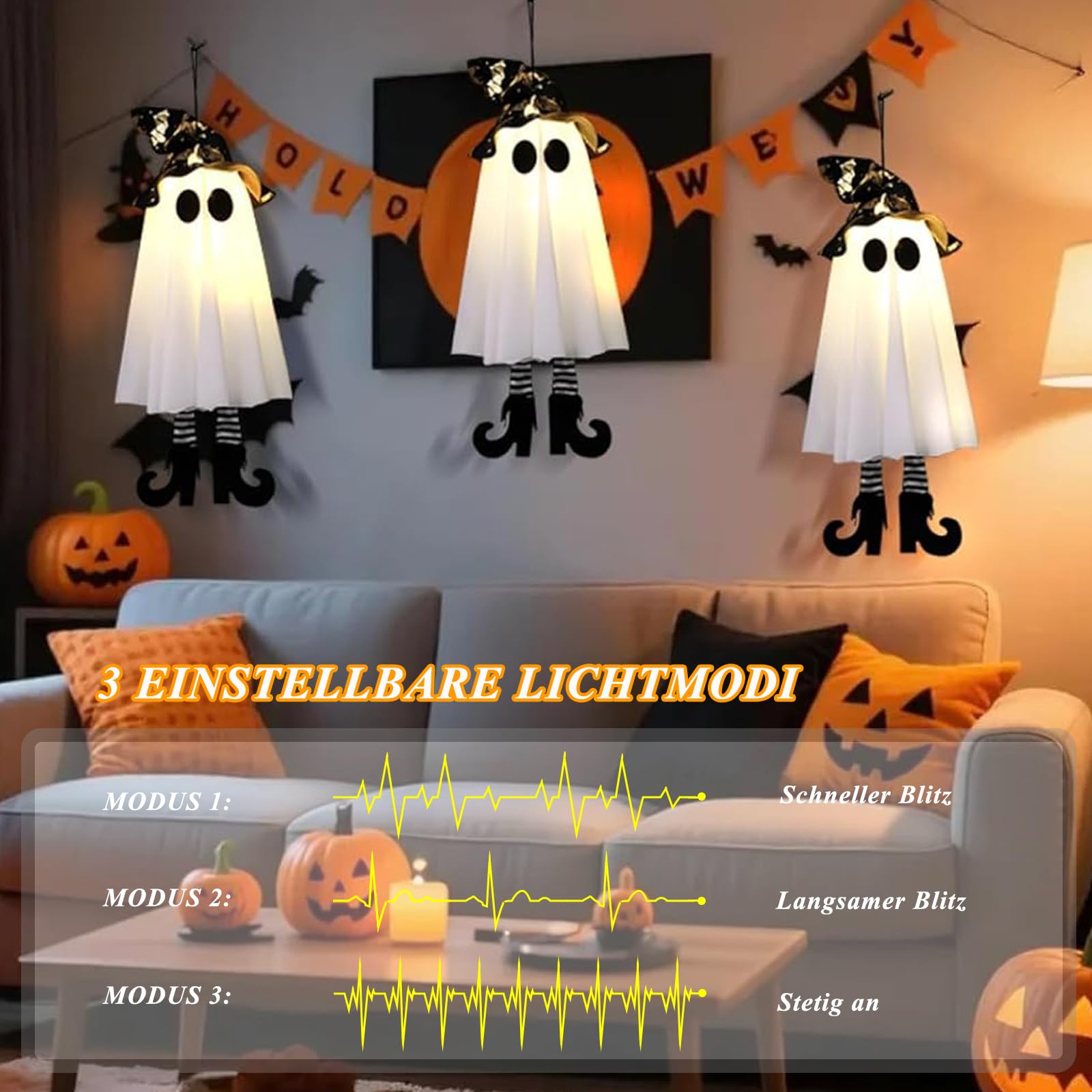 Halloween Deko, 3 Stück Hängend Geister mit Hexenhut, Leuchtend Geister Lichter, Halloween Deko Outdoor für Zuhause Baum Garten Hof, Festliche Atmosphären Horror Motto Party Requisiten