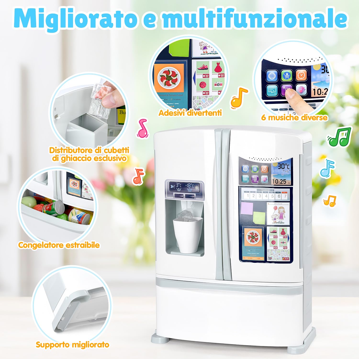 PLAY Frigorifero Giocattolo, Accessori Cucina con Frigo Giocattolo, Giocattoli Alimentari, Cubetti di Ghiaccio, Effetti Sonori Realistici, Set di Cucina Giocattolo per Bambini da 3+ Anni - Bianco