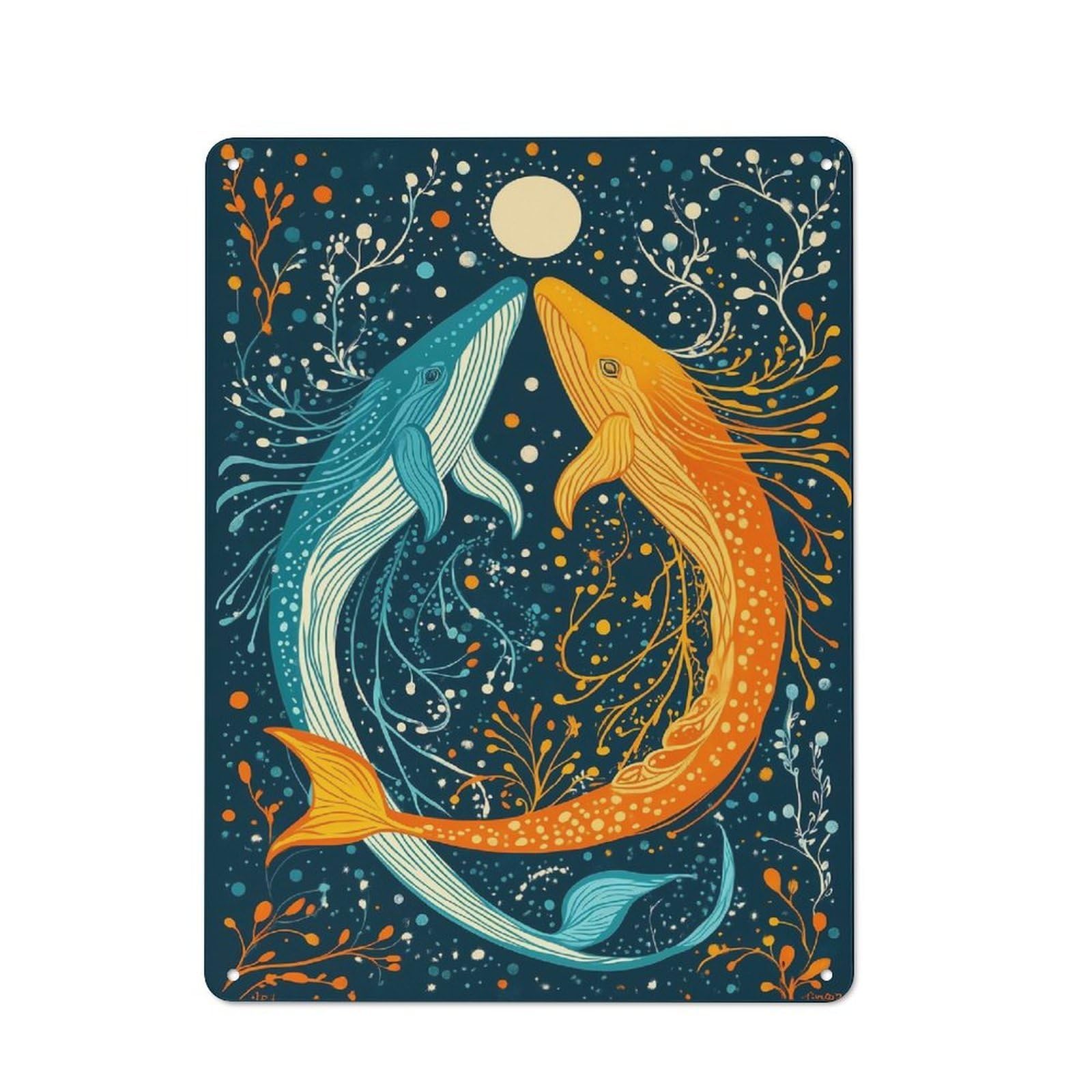 Whale Dance Under The Moon Rustic Tin Sign 40x30cm, Shed Style Utility Space Decor for Patio Bar, Workshop, Shed Or Kitchen