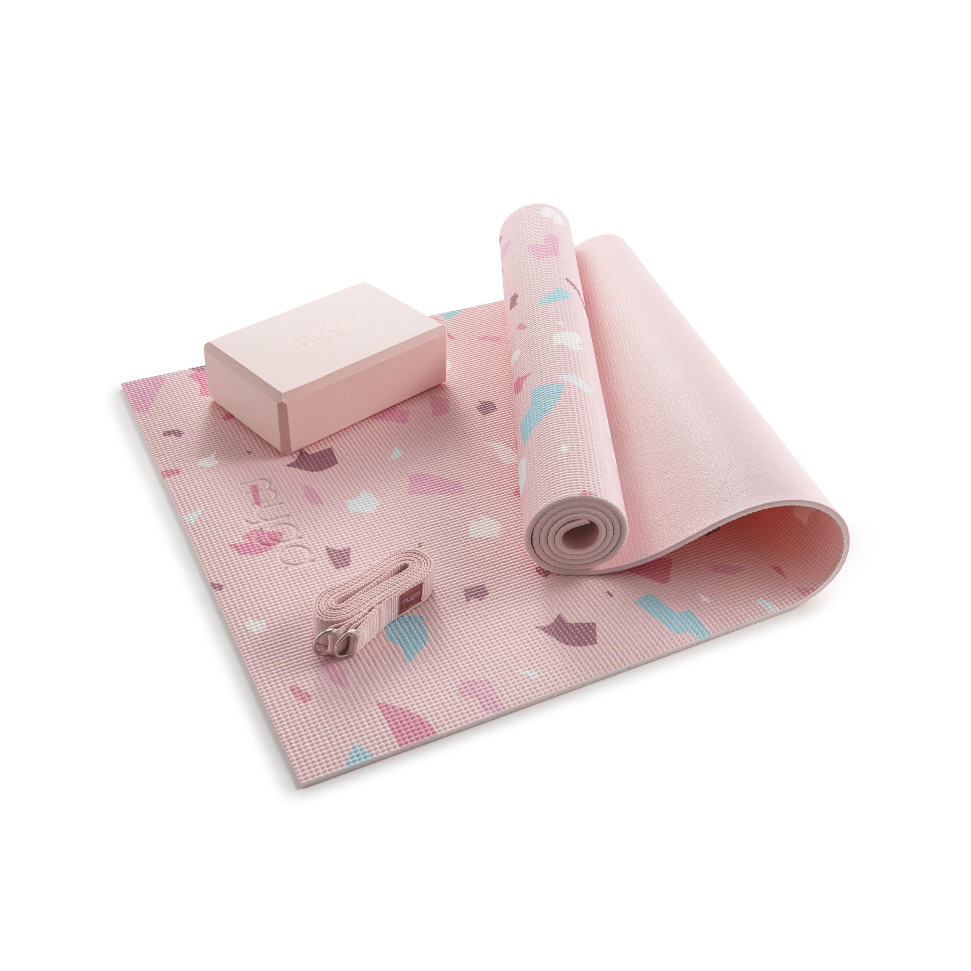 MYGA Yoga Starter Set - 6mm Non-Slip Yoga Mat, Yoga Block and Strap - Starter Kit for Beginners in Pilates, Exercise and Fitness - Terrazzo