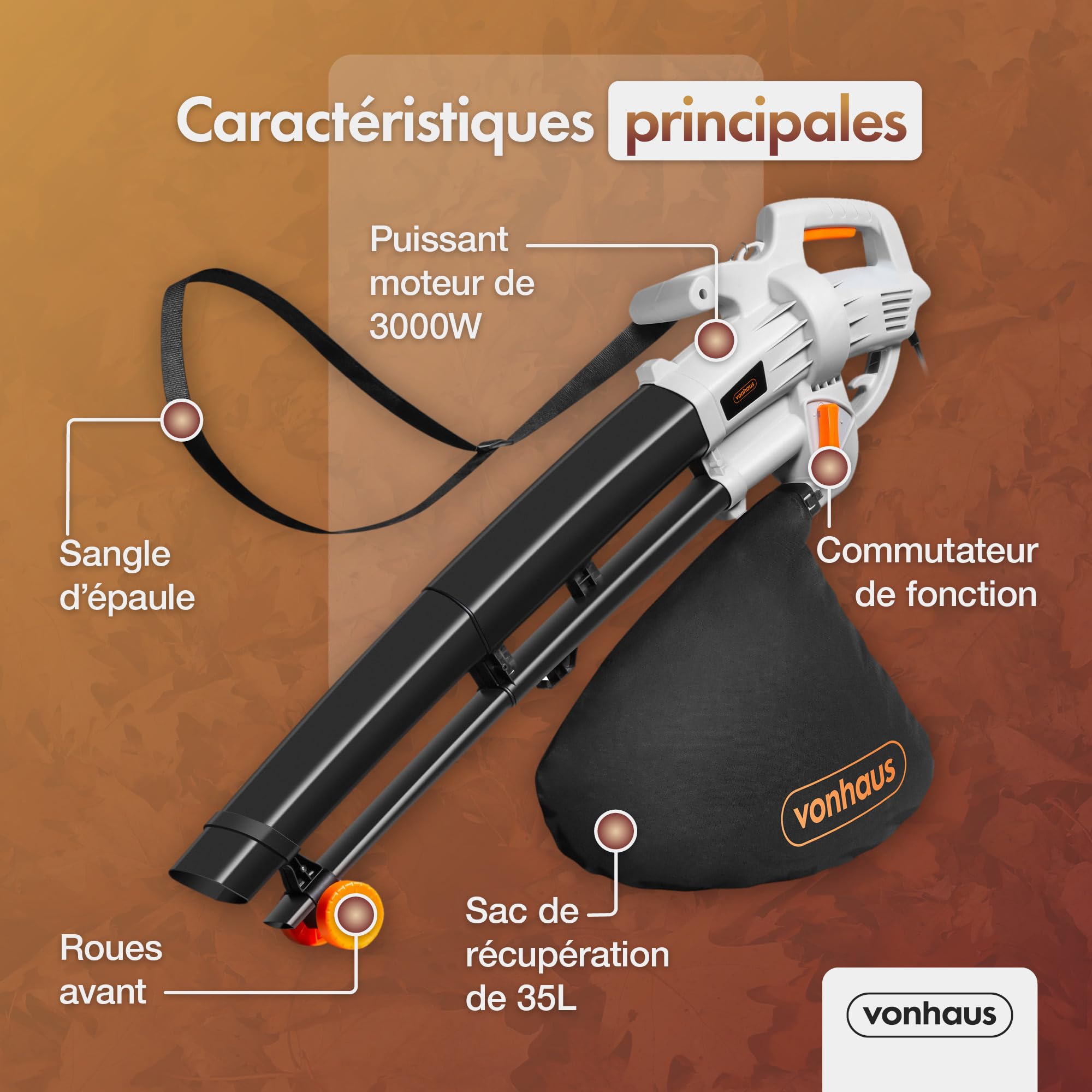 VonHaus Aspirateur Souffleur de Feuilles 3 000 W - Aspirateur Ramasse Feuilles Filaire, Nettoie Les Jardins, Gouttières, Allées, etc. - Bandoulière, roulettes, 35L Collection Sac
