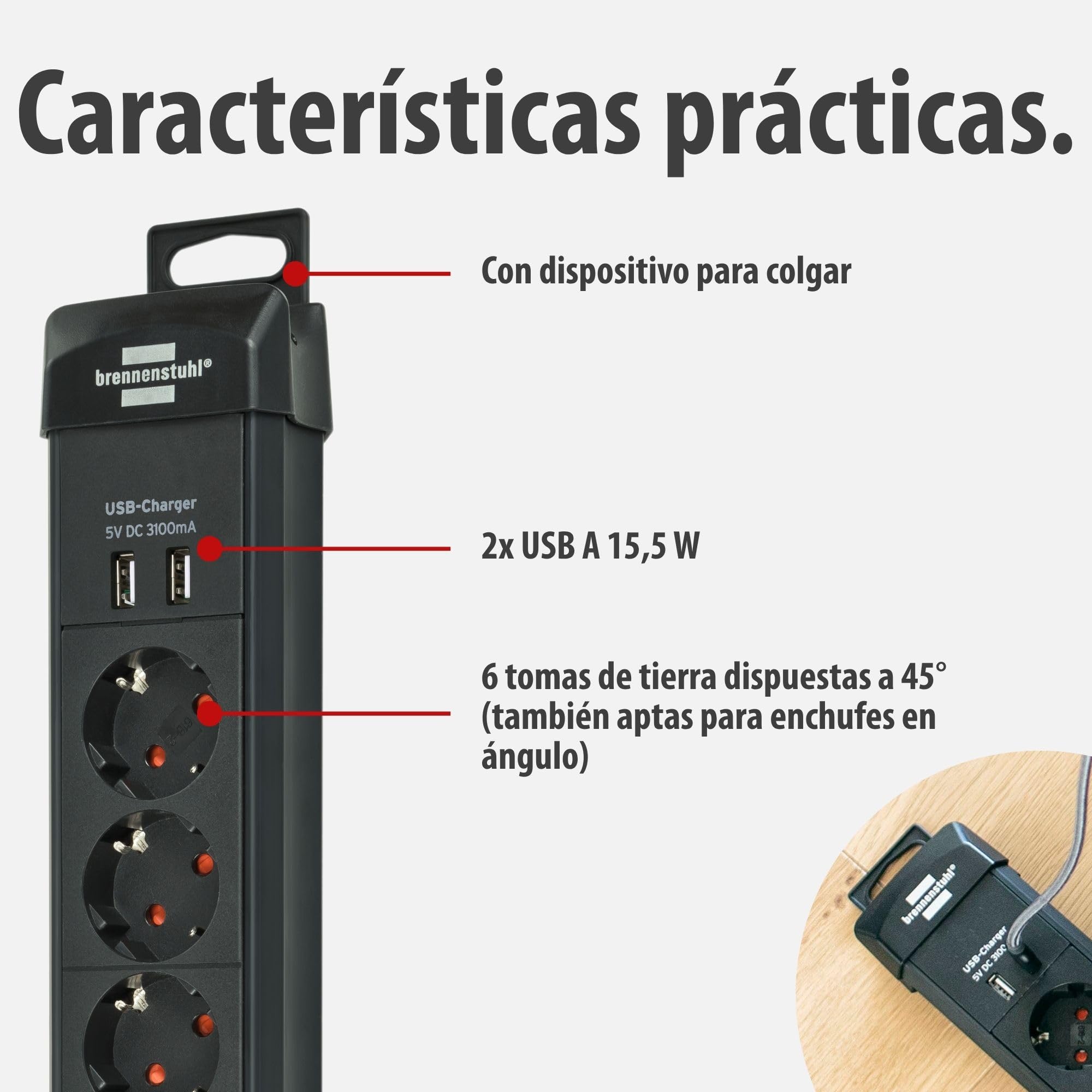Brennenstuhl Premium-Line regleta de enchufes con 6 Tomas de Corriente y USB (Cable de 3m, Carga USB, Interruptor, montable, Fabricado en Alemania) Negro
