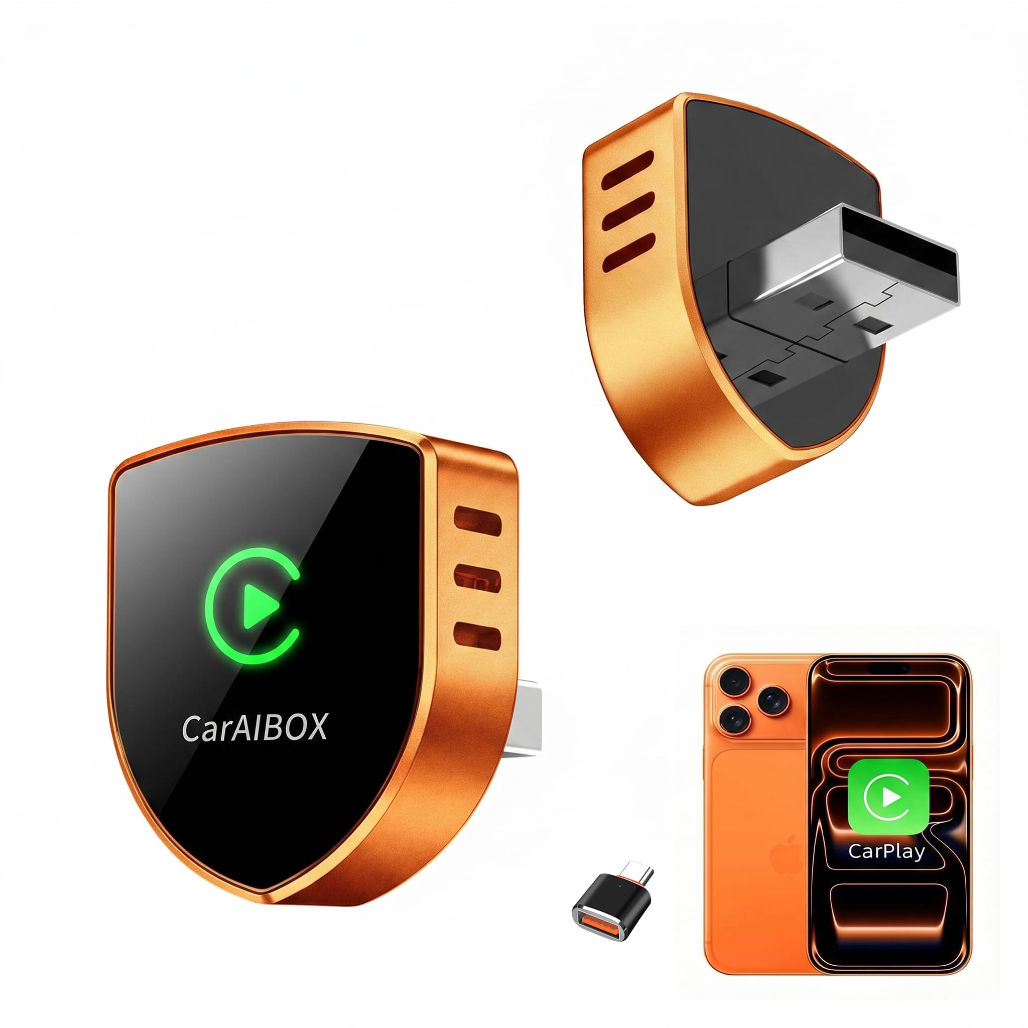 2026 2 w 1 bezprzewodowy adapter CarPlay i Android Auto, Shield Metal Shell, ultra-szybkie WiFi 6 Zero Delay Dongle, automatyczne połączenie (USB/C), tytanowy pomarańczowy