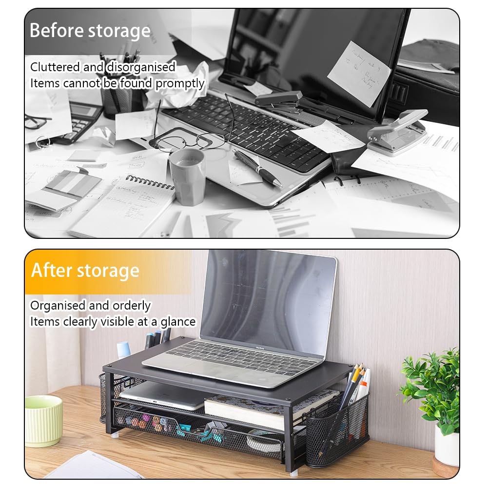 Supporto per monitor per computer a 2 livelli con cassetto e 2 portapenne, organizer da ufficio, supporto per monitor, accessori da scrivania per ufficio