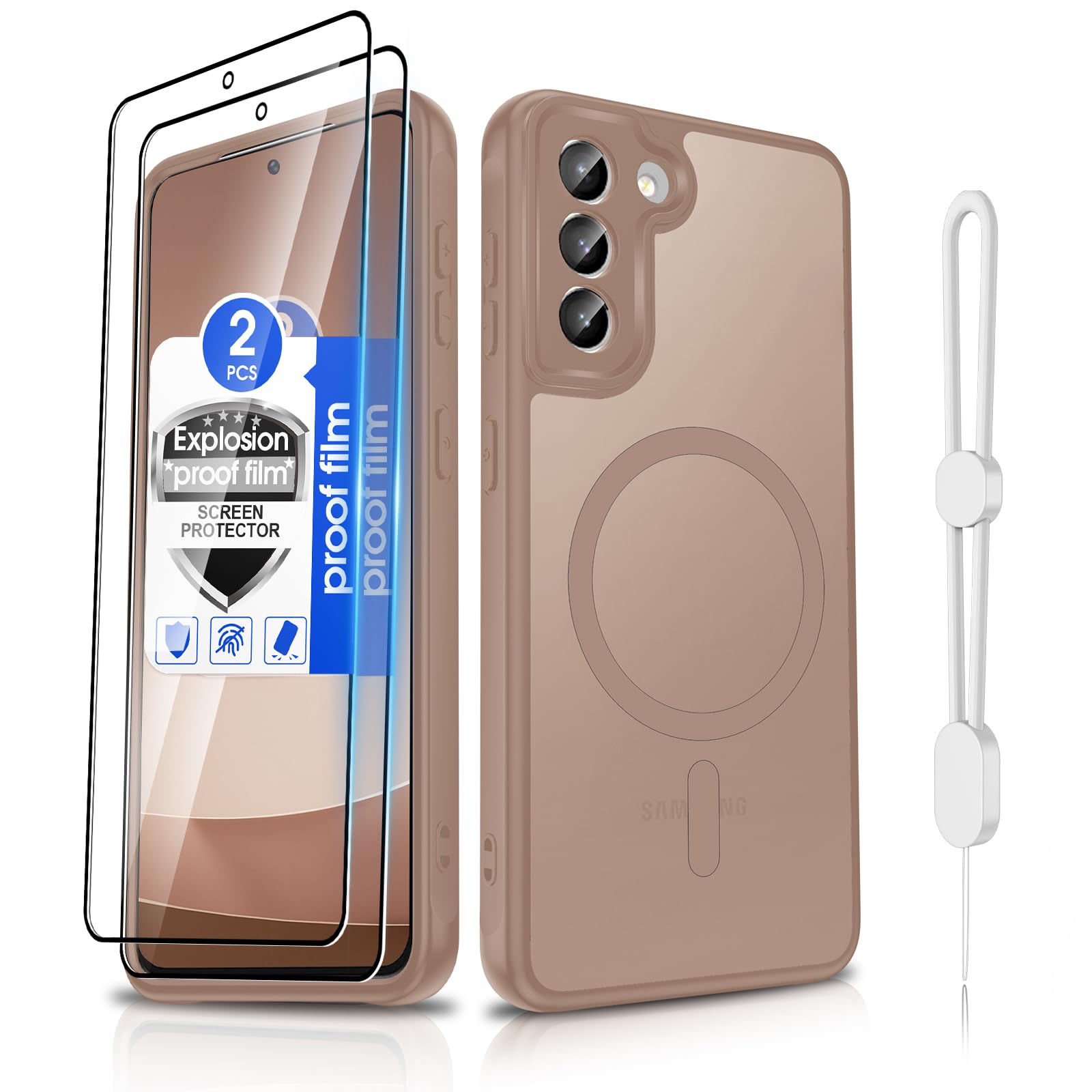 Dizn Magnetic for Samsung Galaxy S21 Case: with [2 Pcs] Screen Protector,Lanyard,[Fit for MagSafe],Slim Soft Phone Case,Military Grade Shockproof Protective,for 6.2-Inch S21,Brown
