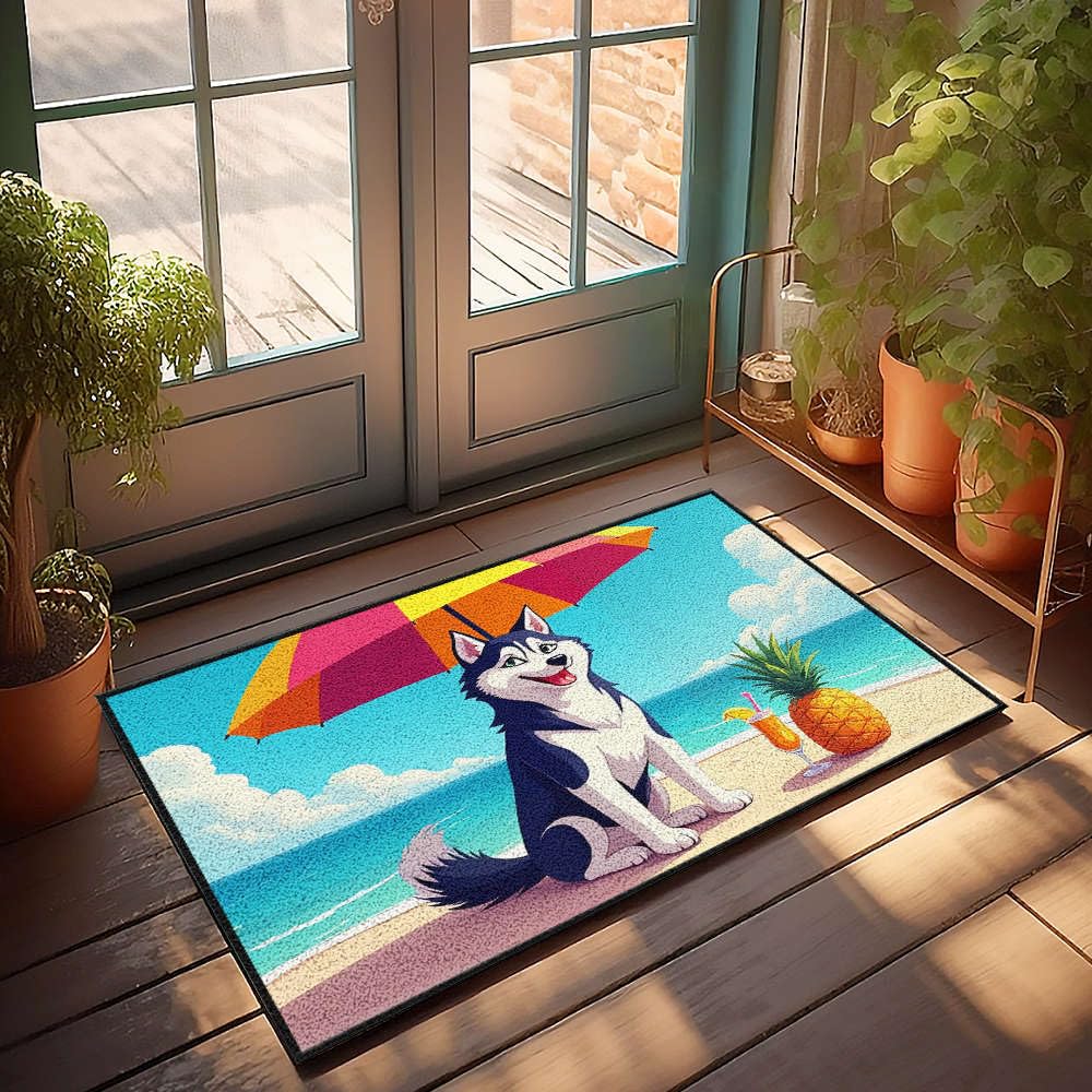 Paillasson Husky à la plage 65x90 cm grand tapis d'entrée absorbant automne