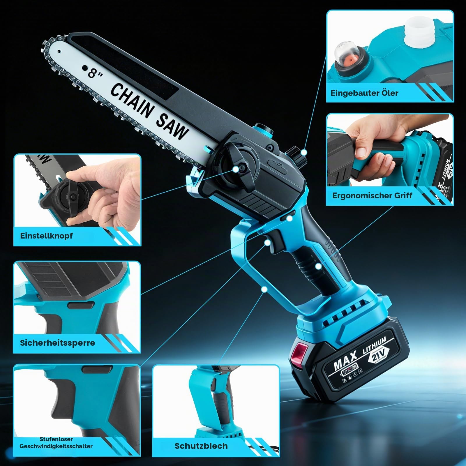2-in-1 Akku-Kettensäge mit Teleskopstange, 8 Zoll (20 cm) Mini-Kettensäge, Teleskop Elektrische Astsäge, Kabellos & Bürstenlos, Maximale Arbeitshöhe 4,5 m für Baum und Astschnitt
