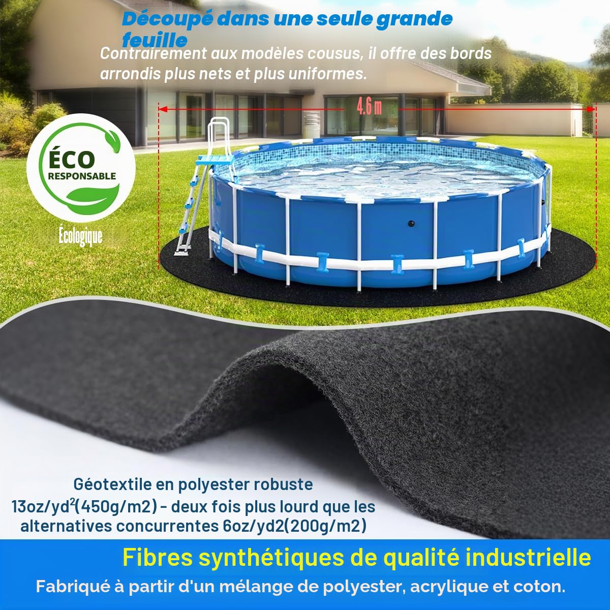 Tapis de piscine épais pour piscine hors sol, tapis rond de 4,6 m pour fond de piscine, confort sans couture, double densité, résistant aux perforations, noir