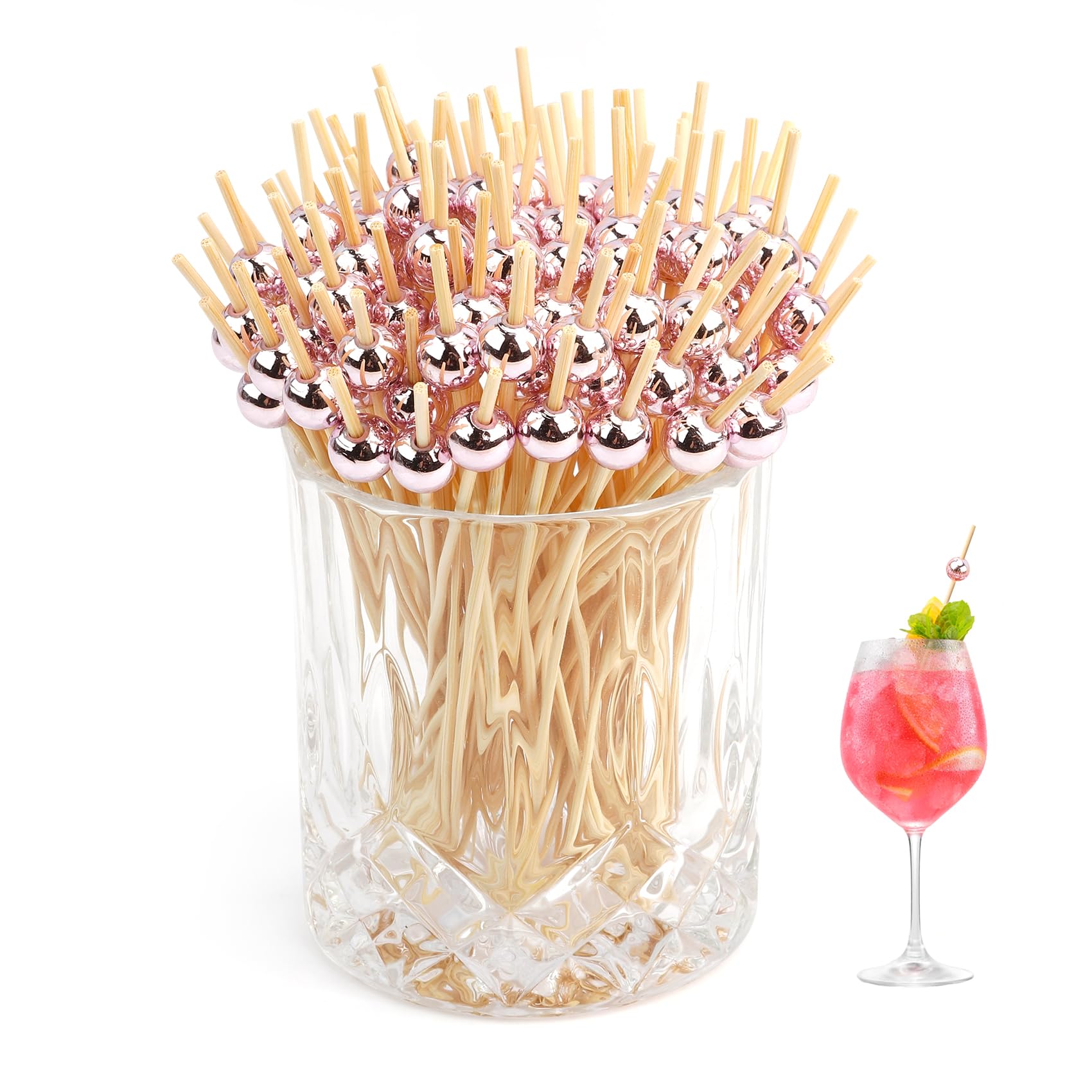 Cure-dents pour boissons et cocktails avec piques bois or rose 12cm