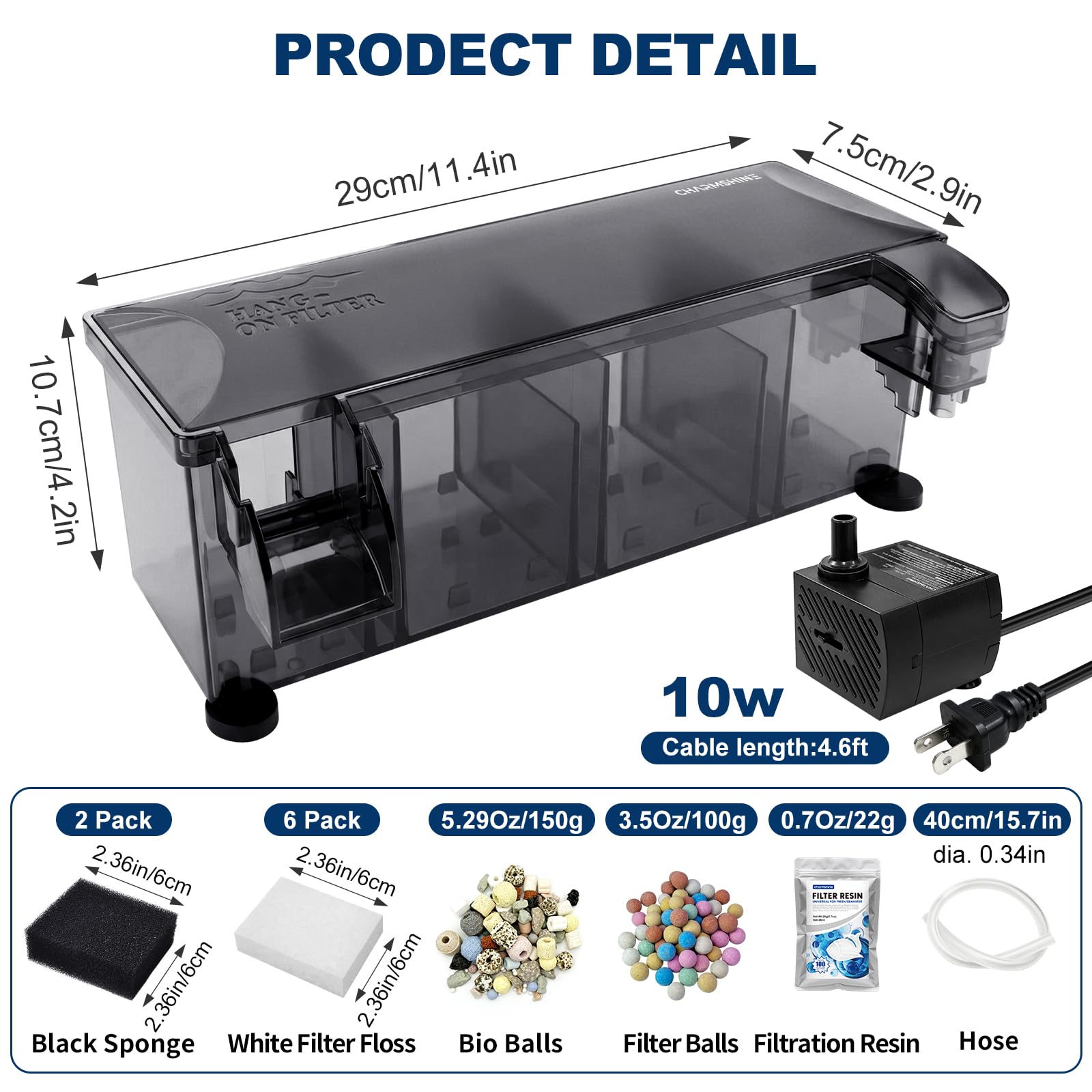 Hang-on-Back Aquarium-Filterbox mit 10 W Wasserpumpe, Wasserfall-Sauerstoffversorgung, passend für hohen und niedrigen Wasserstand, für 30-78 Liter Fisch- und Schildkrötenbecken
