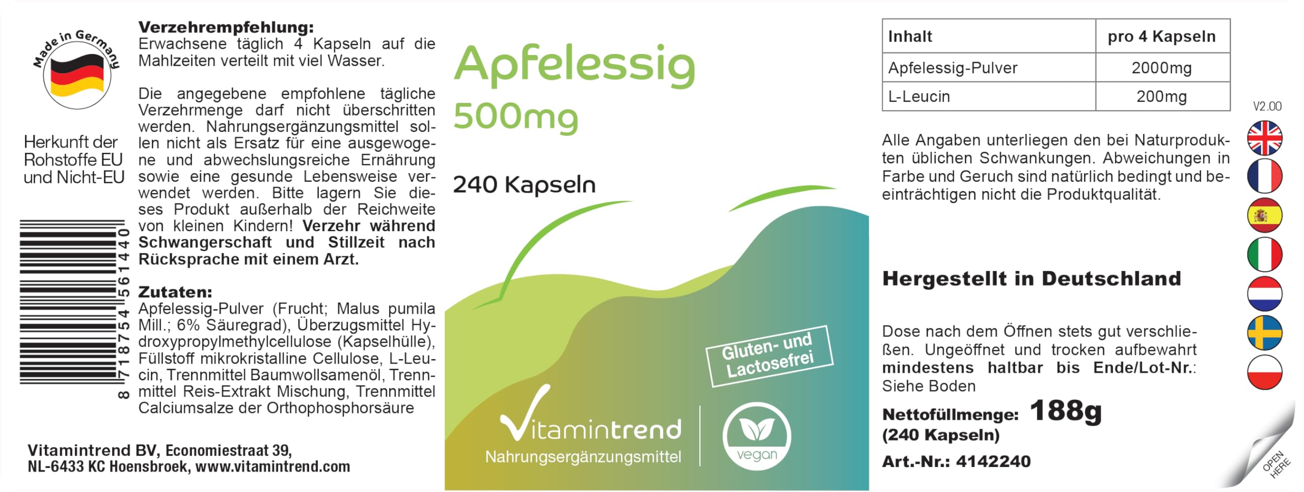 Vitamintrend Vinaigre de cidre 500 mg, 240 gélules, 2000 mg de poudre de vinaigre de cidre par dose quotidienne, complément alimentaire végan sans stéarate de magnésium, fabriqué en Allemagne