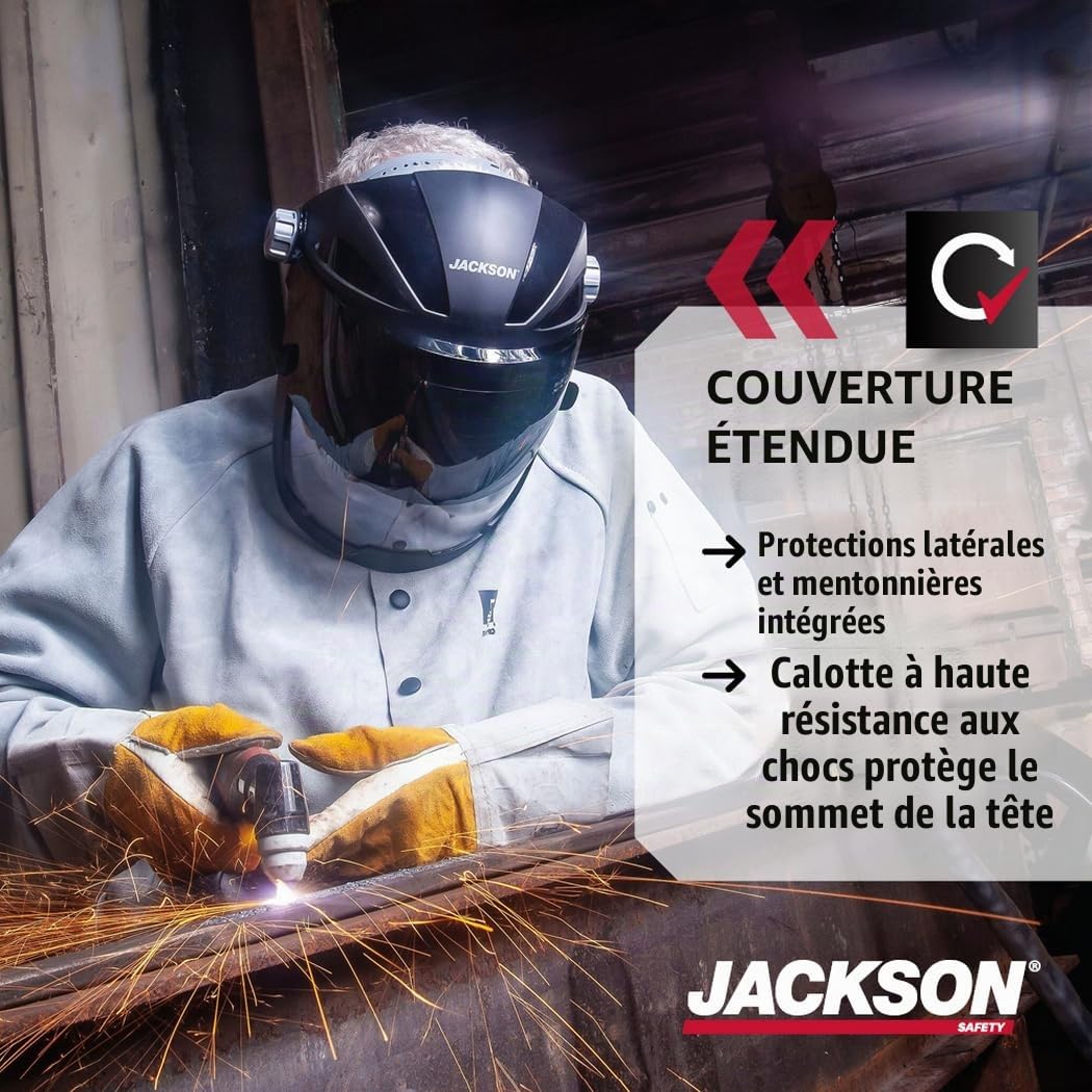 Jackson Safety 14230 Quad 500 Premium Multi-Purpose Face Shield/Face Guard; Ratcheting Headgear, Clear Tint, Anti-Fog Coating, Visor Face Protection with 5 IR Rated Flipshade