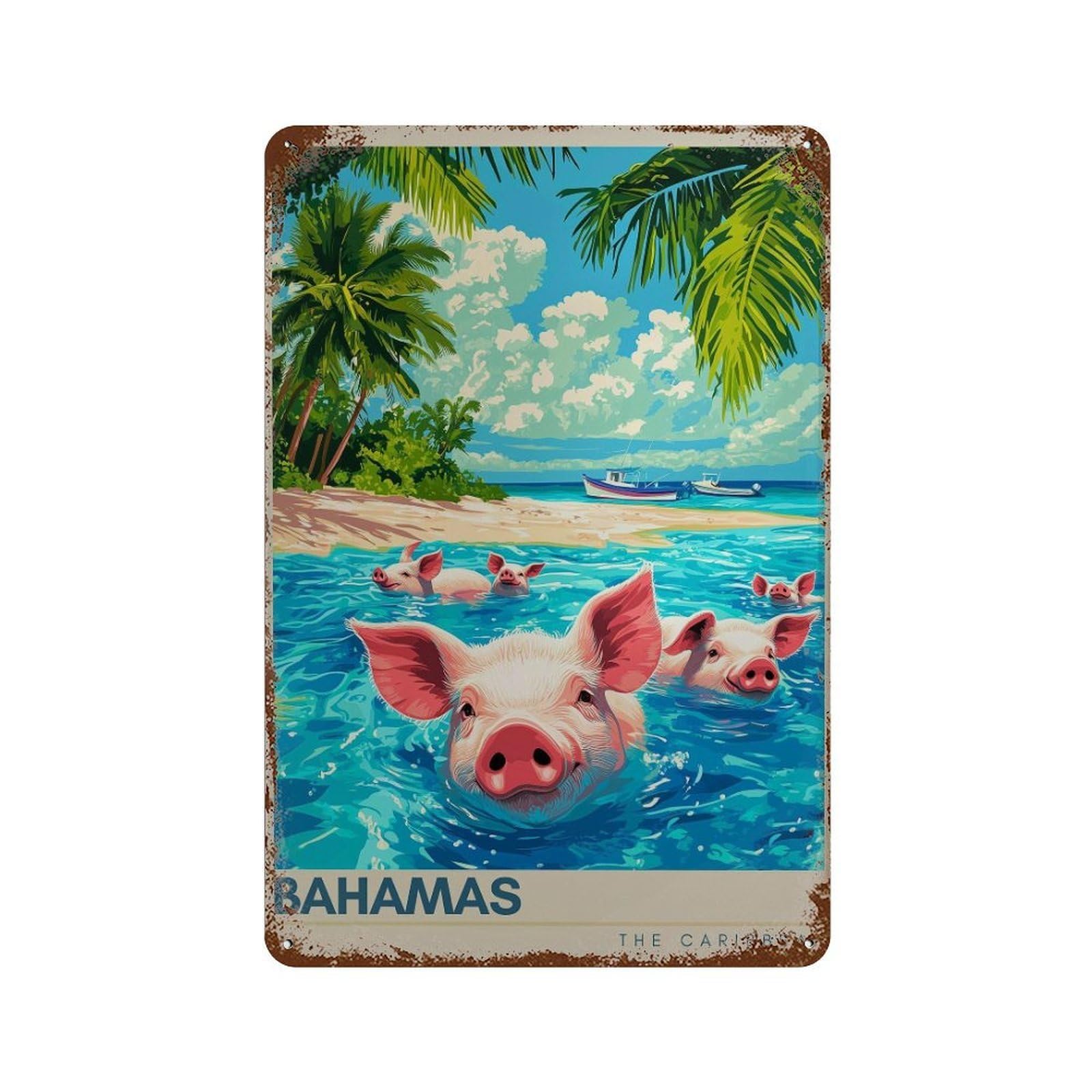 xiaoxiaoshen Bahamas Travel Swimming Pigs Caribbean Wall Decor Art Metal Tin Poster Modern Home Decor Art Home Bar Shop Decorations Vintage Sign 30x20cm
