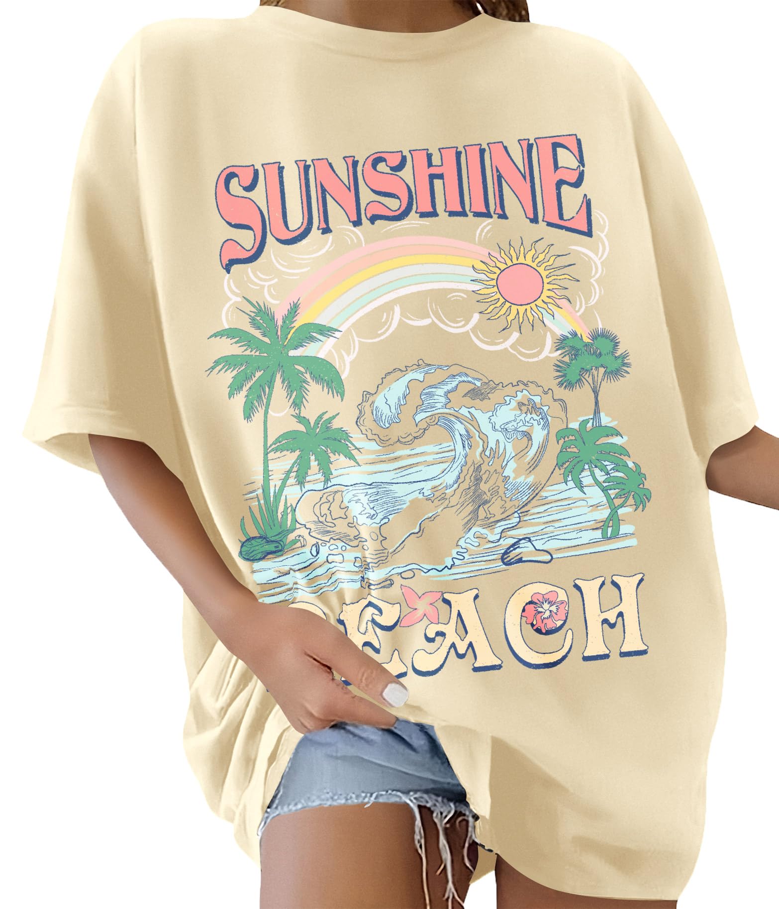 TOMEEK Damen T-Shirt Kurzarm Rundhals Oversized Tshirt Sommer Baumwolle Locker Basic T-Shirt Für Damen Vintage Strand Bedruckte Schulter Top Casual Frauen Shirt