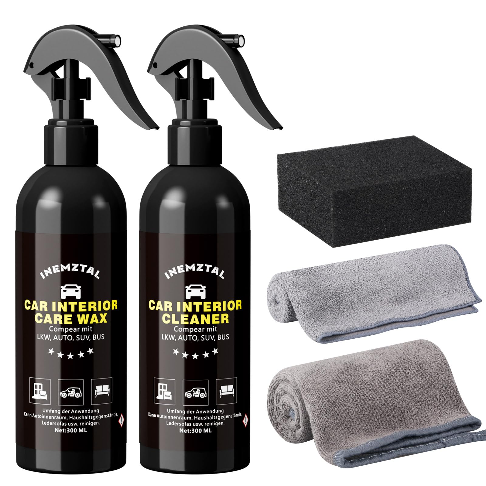 Profi Innenraumreiniger Set Auto,Porentiefe Reinigung Aller im Fahrzeug verbauten Materialien,Enthält 300ml Innenraum Reiniger 300ml Innenraumpflege Wachs-Professionelle Gewachste Tücher Mikrofasertuc