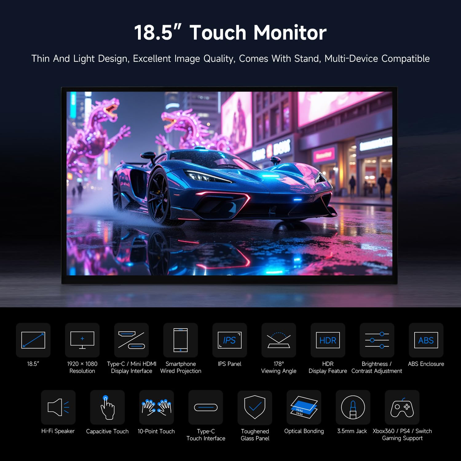LUCKFOX 18.5″ IPS Touch Portable Monitor with 120Hz, 10-Point Capacitive Touch, HDR, Type-C, Built-in Speakers, Foldable Stand – Compatible with Raspberry Pi, PC, Jetson, Game Consoles & Smartphones