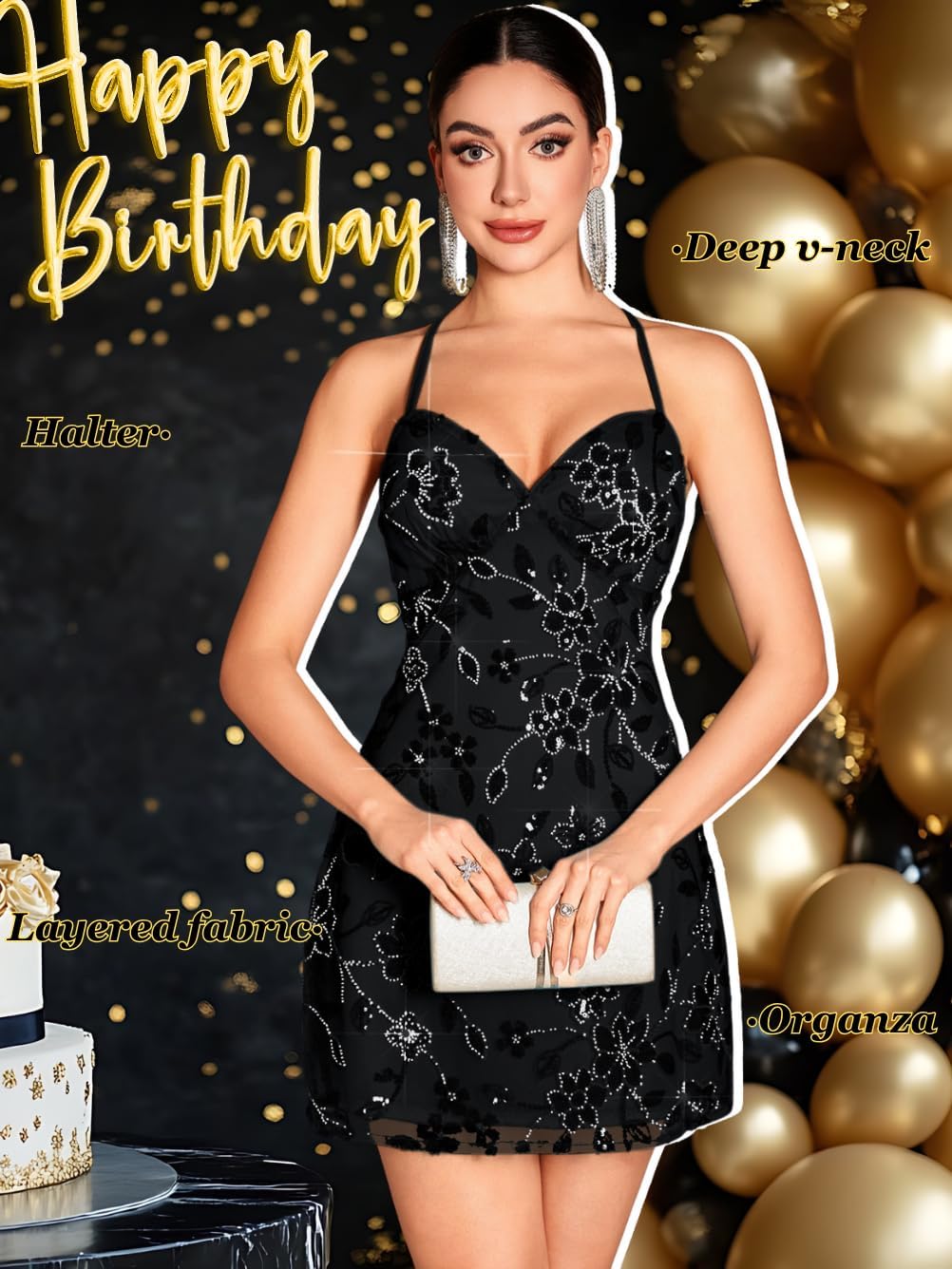 Beaded Sequin Dress,Backless Floral Mini Dresses for Women,Homecoming Cocktail Party Sparkly Outfits - Image 2