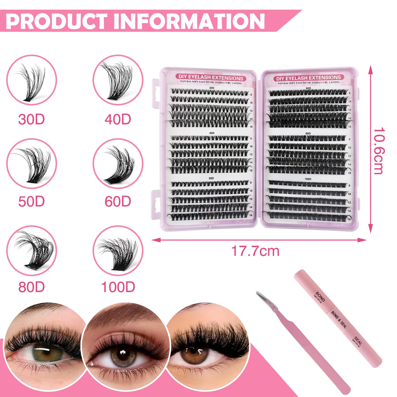 VEGCOO 570 Pezzi Ciglia Finte Ciuffetti, 30-40-50-60-80-100D Kit Extension Ciglia, Curl Ciglia Finte Ciuffetti 8-16mm, DIY Eyelash Extension Kit con Accessori