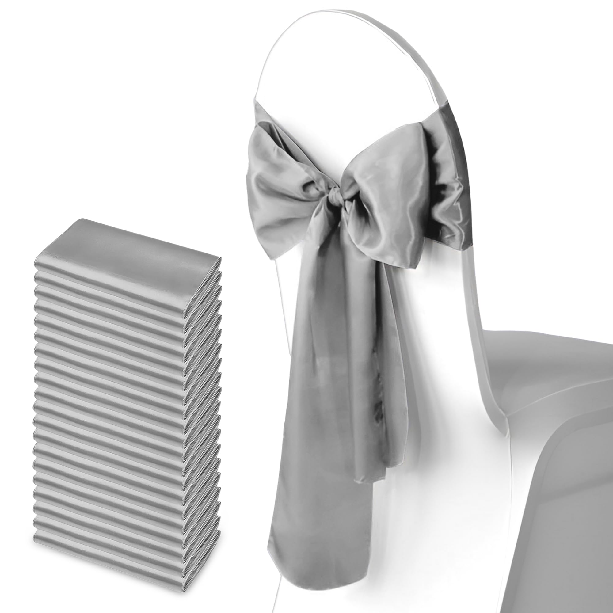 Trimming Shop Silver Satin Chair Sash Wider Fuller Bows Chair Sashes Hammed Edges Bow Back Tie for Wedding Birthday Party Banquet Event Decoration, 25pcs — image 1