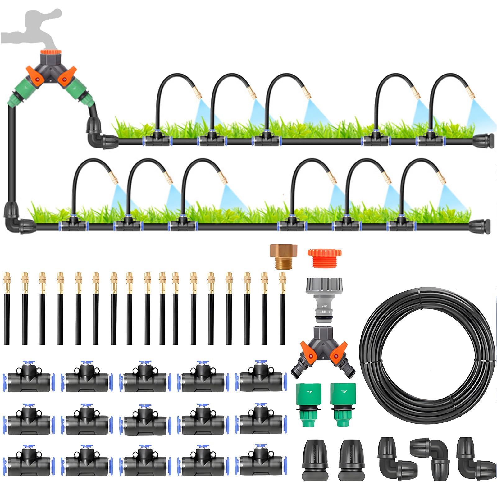 Kit di sistemas di irrigazione Intelligente Completamente Automatico, sistemas di atomizzazione con spruzzatore in Rame Regolabile a 360 Gradi, per Giardino, Serra,20M/65.6FT