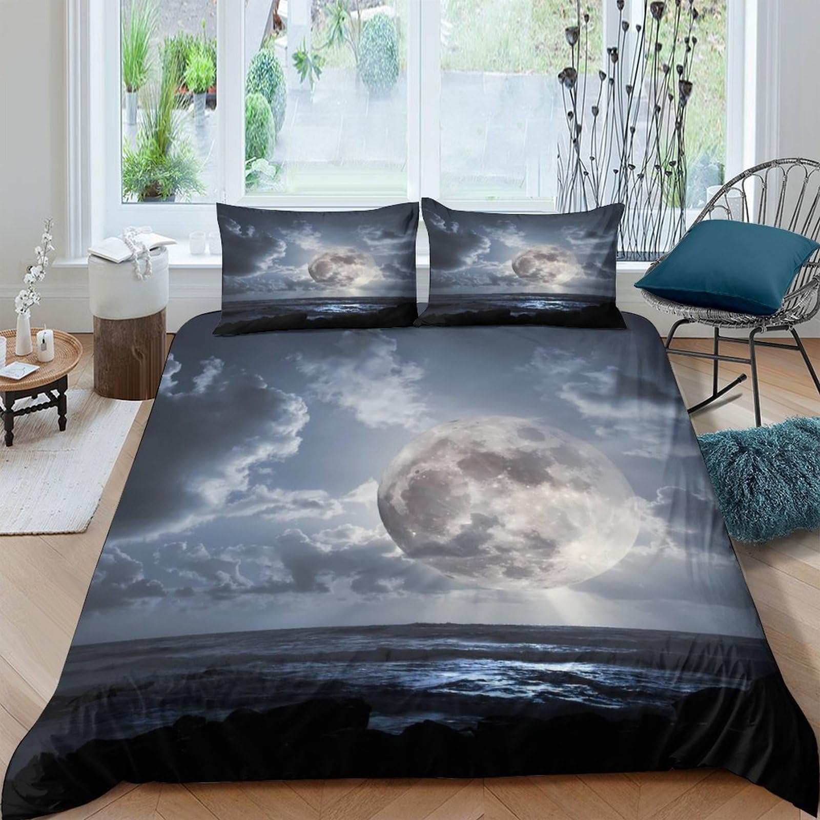 Ctjqhvkz Style-1 3D Printed Moonlit Ocean Fitted Sheet Microfiber Soft Breathable Night Sky Bed Cover For Bedroom Dorm Decor Single（135X200cm）