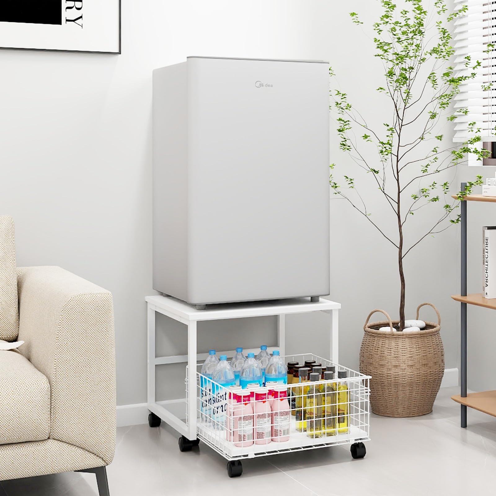 PUNCIA Support de Réfrigérateur Mobile avec Grande Capacité (Blanc) | Plateau de Mini Frigo Portable et Stockage Table avec 4 Roues Armoire Panier à Tiroir Roulant 50x50x43cm pour Chambre Cuisine