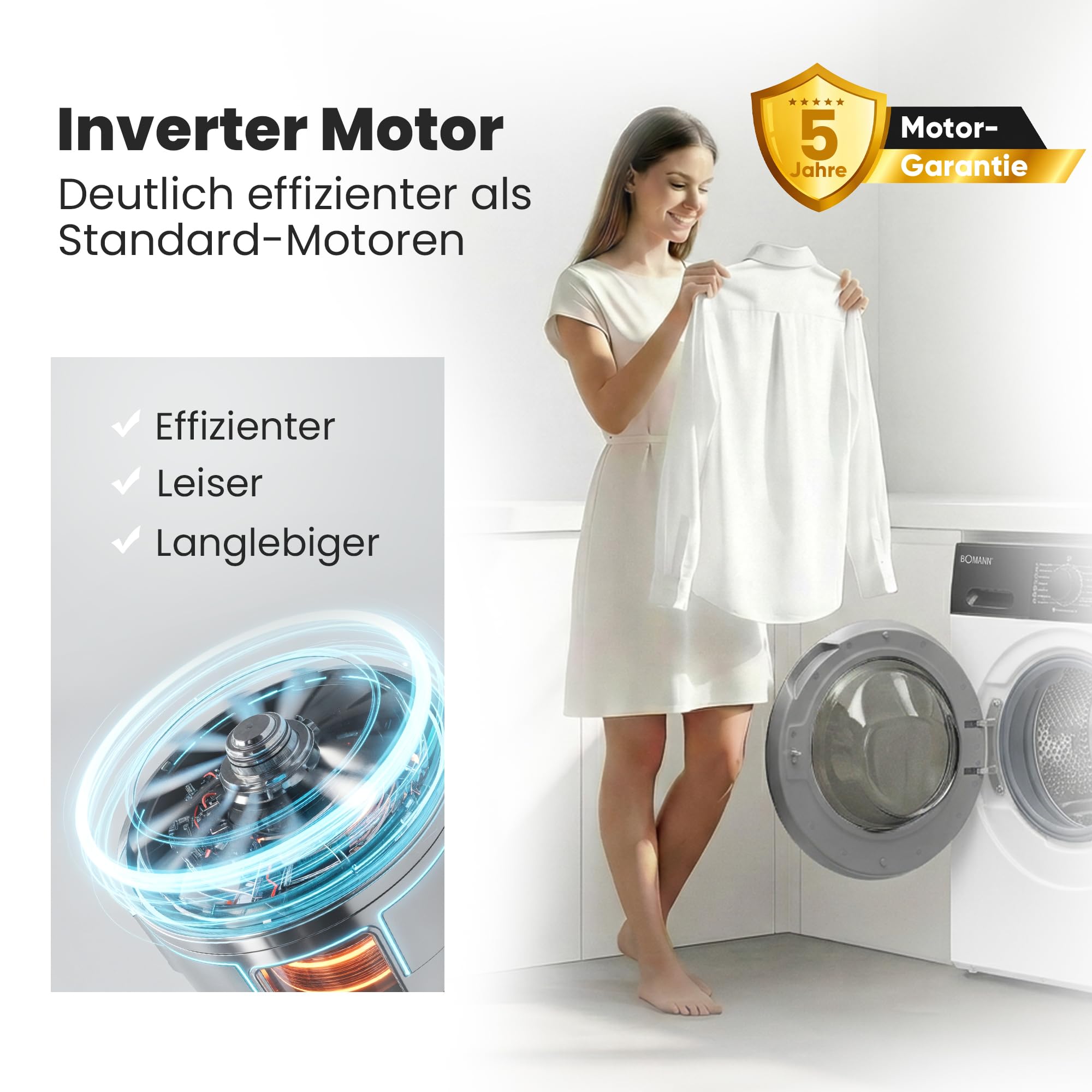 Bomann® Waschmaschine 10kg | 5 Jahre Motor-Garantie | Invertermotor - effizient, leise & langlebig | inkl. Aqua-Stop | max. 1400 U/min | 15 Programme | LED-Display | Washing Machine | WA 7112 weiß