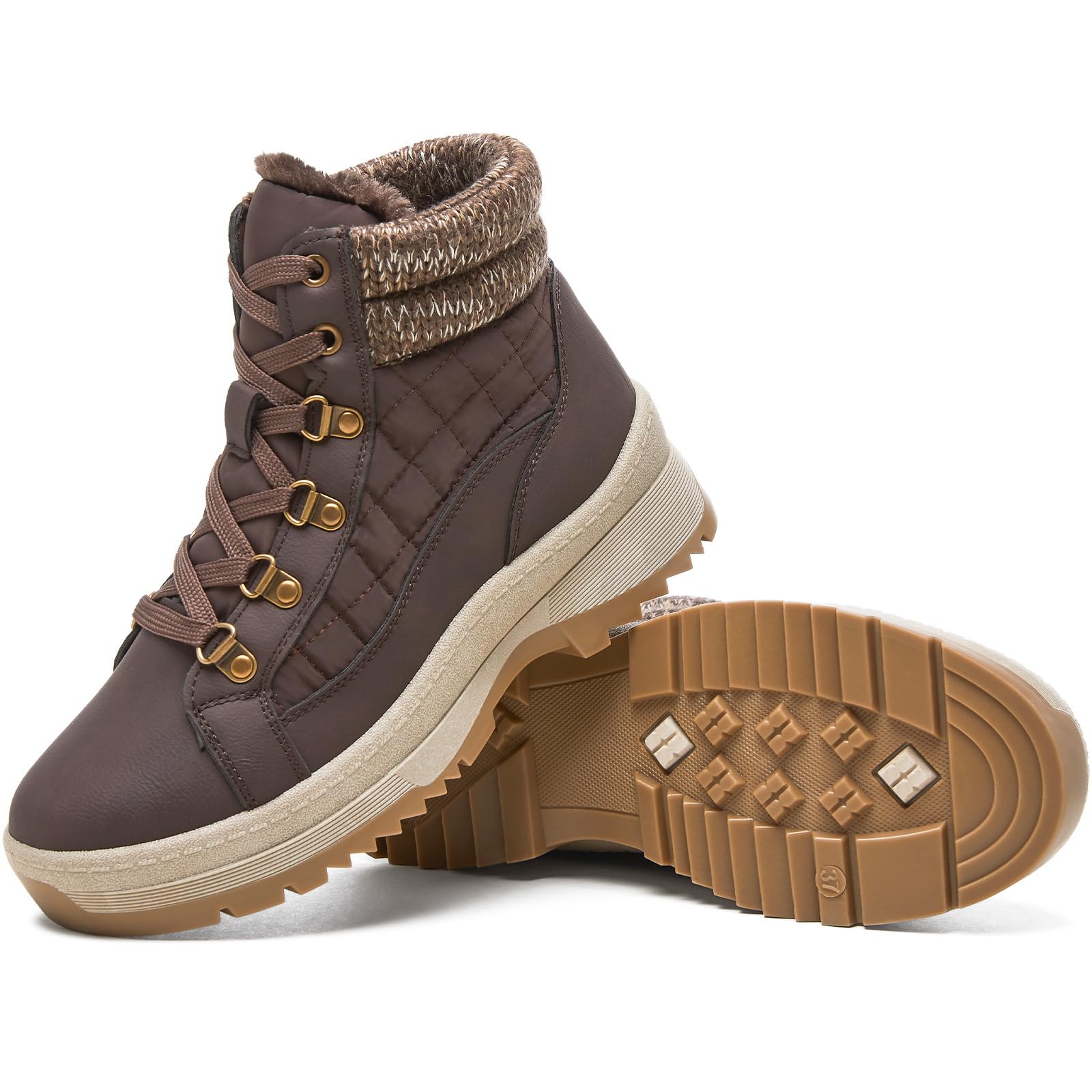HEAWISH Womens Winter Boots Brown Non Slip Combat Boots Warm Fur Lined comfortable Snow Ankle Boot For Women