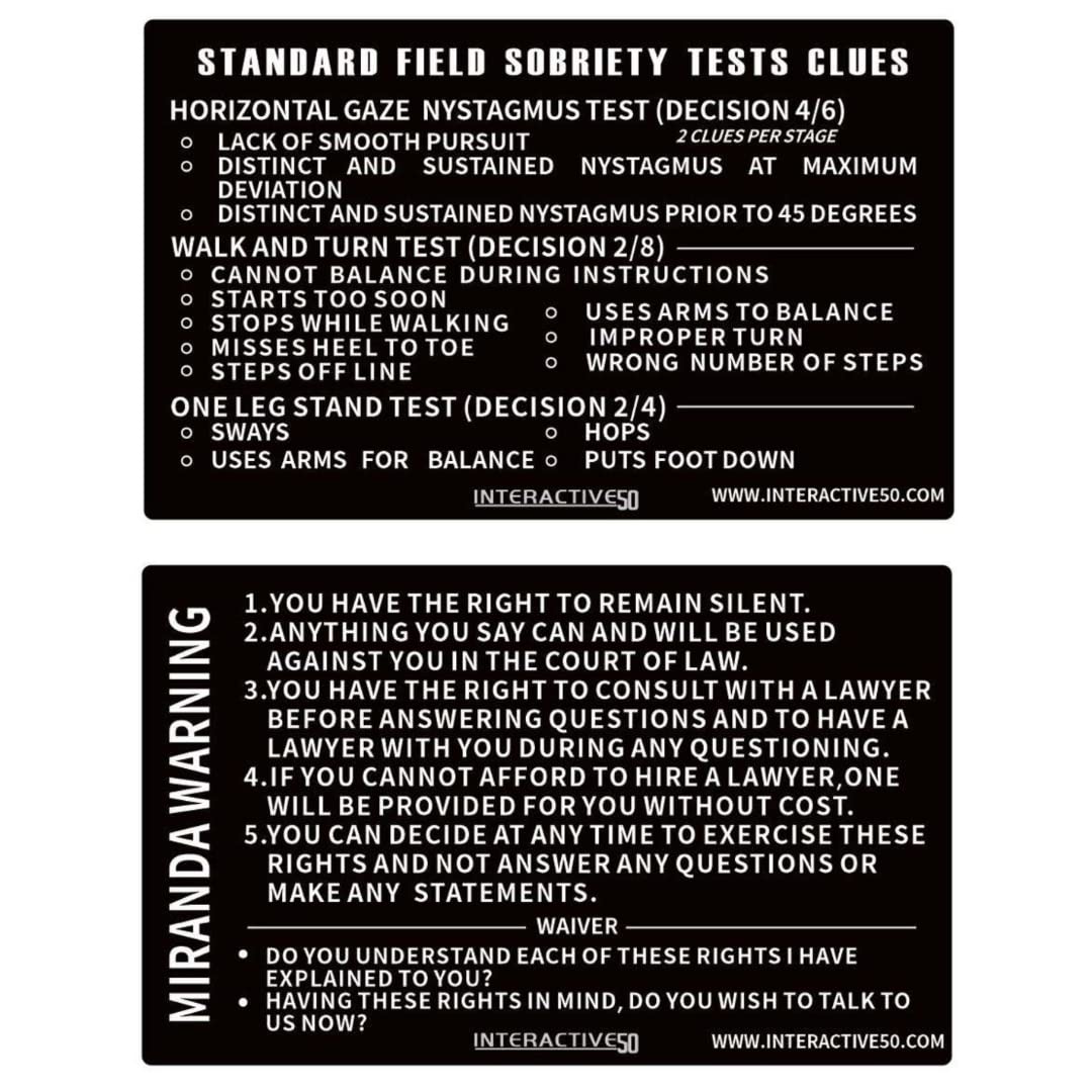 Interactive 50 Laser Etched Metal Miranda/Standard Field Sobriety Test Clues Card Black