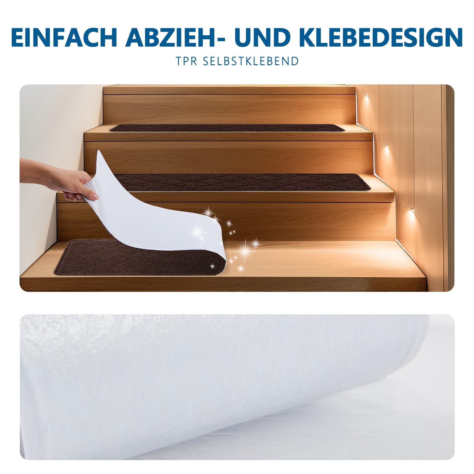 KOOTETA Teppich-Treppenstufen, rutschfest, 20x76cm (15 Pack), Teppich-Treppenläufer, wiederverwendbarer Klebstoff für alle sauberen, glatten Treppen, Stufenschutzmatte für Kinder, Braun