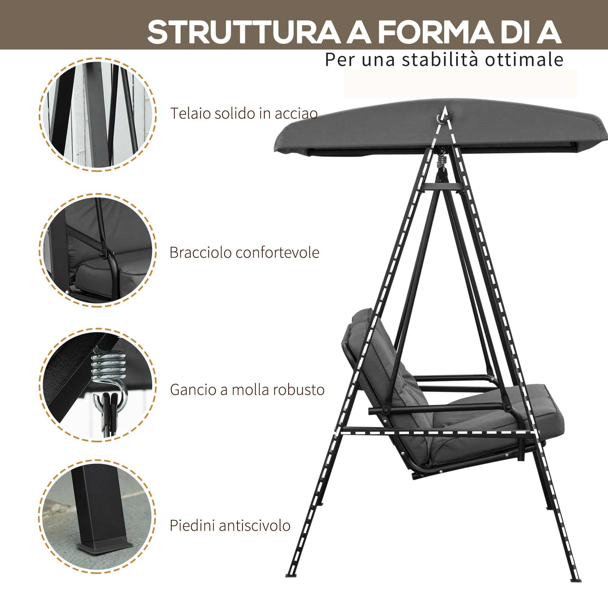 Outsunny Dondolo da Giardino 2 Posti con Tettuccio Parasole Regolabile e Cuscini, Dondolo da Esterno con Seduta Traspirante in Poliestere e Acciaio, Portata fino a 220 kg, 144x117x173 cm, Grigio Scuro