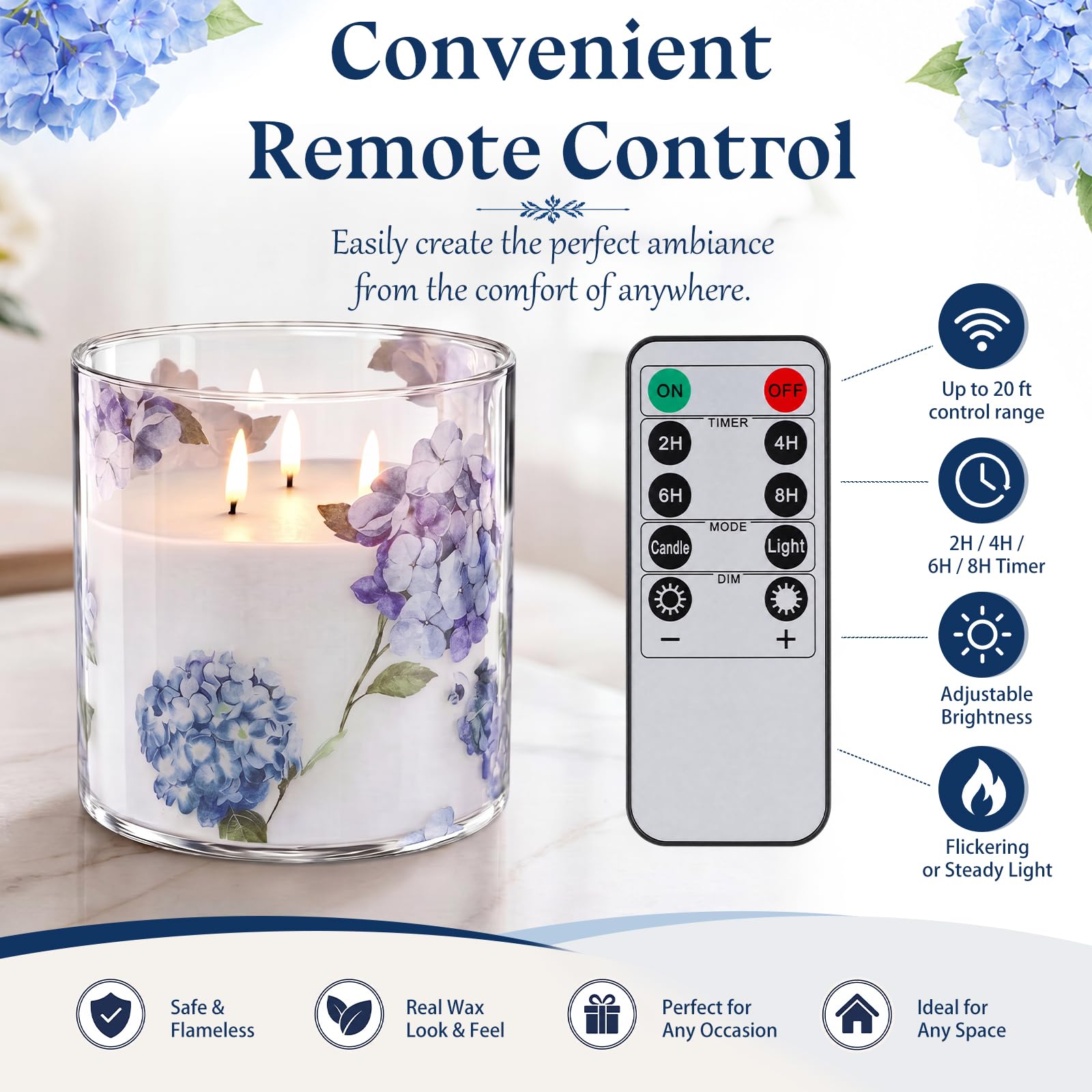 Gerrii Vela grande de cristal de hortensia sin llama con 3 mechas de 15 x 15 cm, vela de cristal con estampado floral de hortensias azules con temporizador remoto, velas LED parpadeantes de cera real