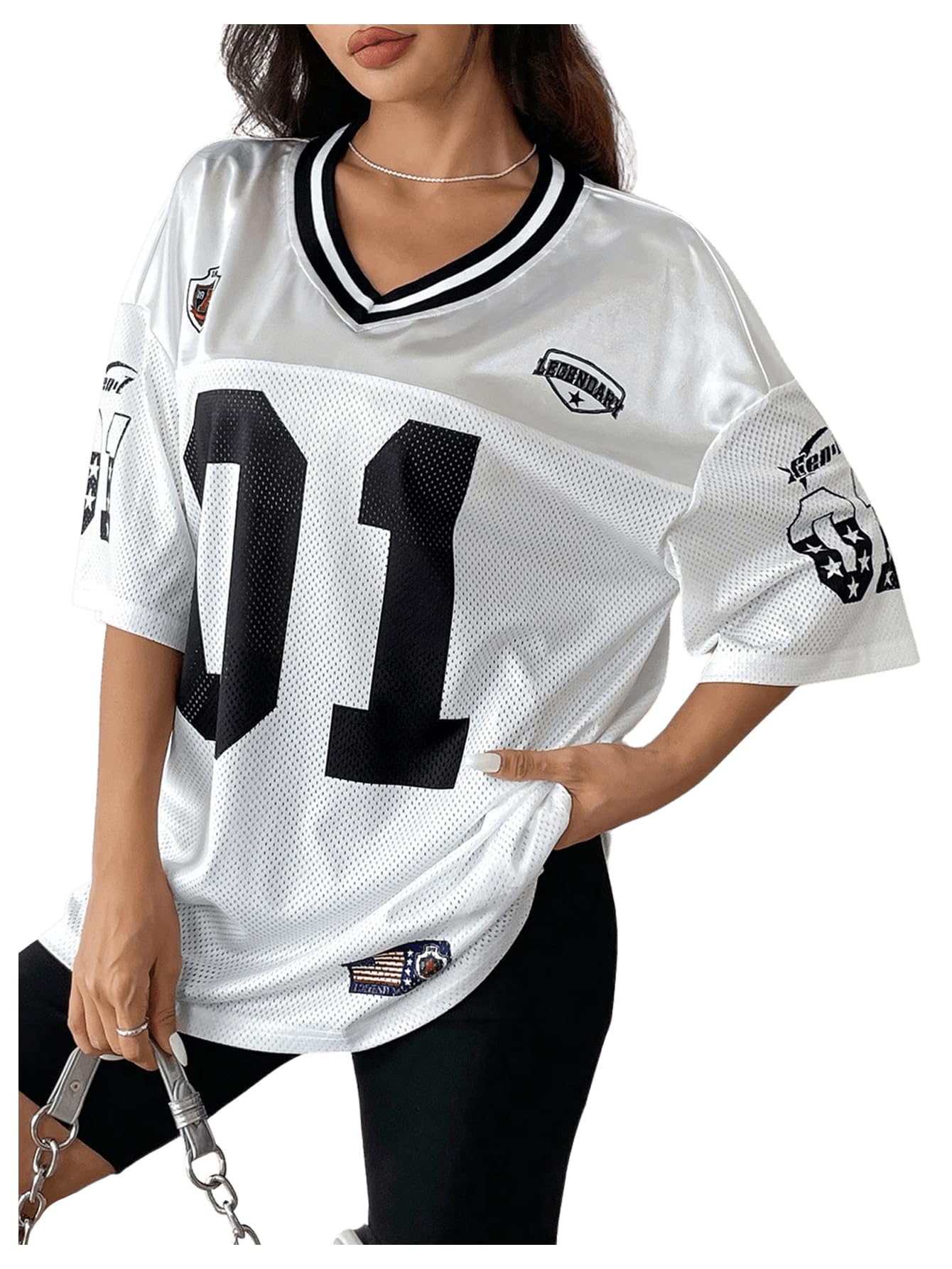 SOLY HUX Jersey Shirts for Women Y2k Graphic Number Oversized Tees V Neck Half Sleeve Cute Soccer Streetwear T Shirt Tops