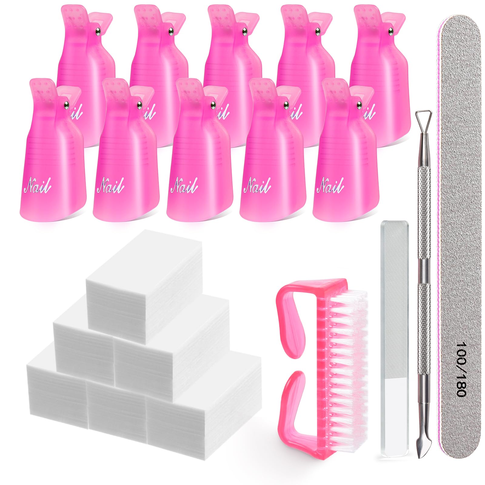 MORGLES Nail Polish Remover Clips, Gel Polish Remover Kit with 10 Pcs Nail Clips, 300 Pcs Cotton Pads, 100/180 File, Glass Shiner, Cuticle Pusher and