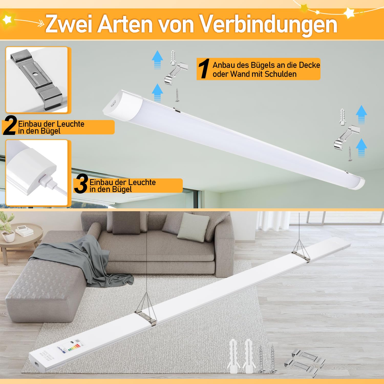 10 unidades LED (60 cm, 18 W, 1530 lm, tubo LED, 4000 K, IP65, luminaria de techo, neón, LED, ángulo de haz de 120 °, luz de techo led para taller, oficina, dormitorio, salón, cocina