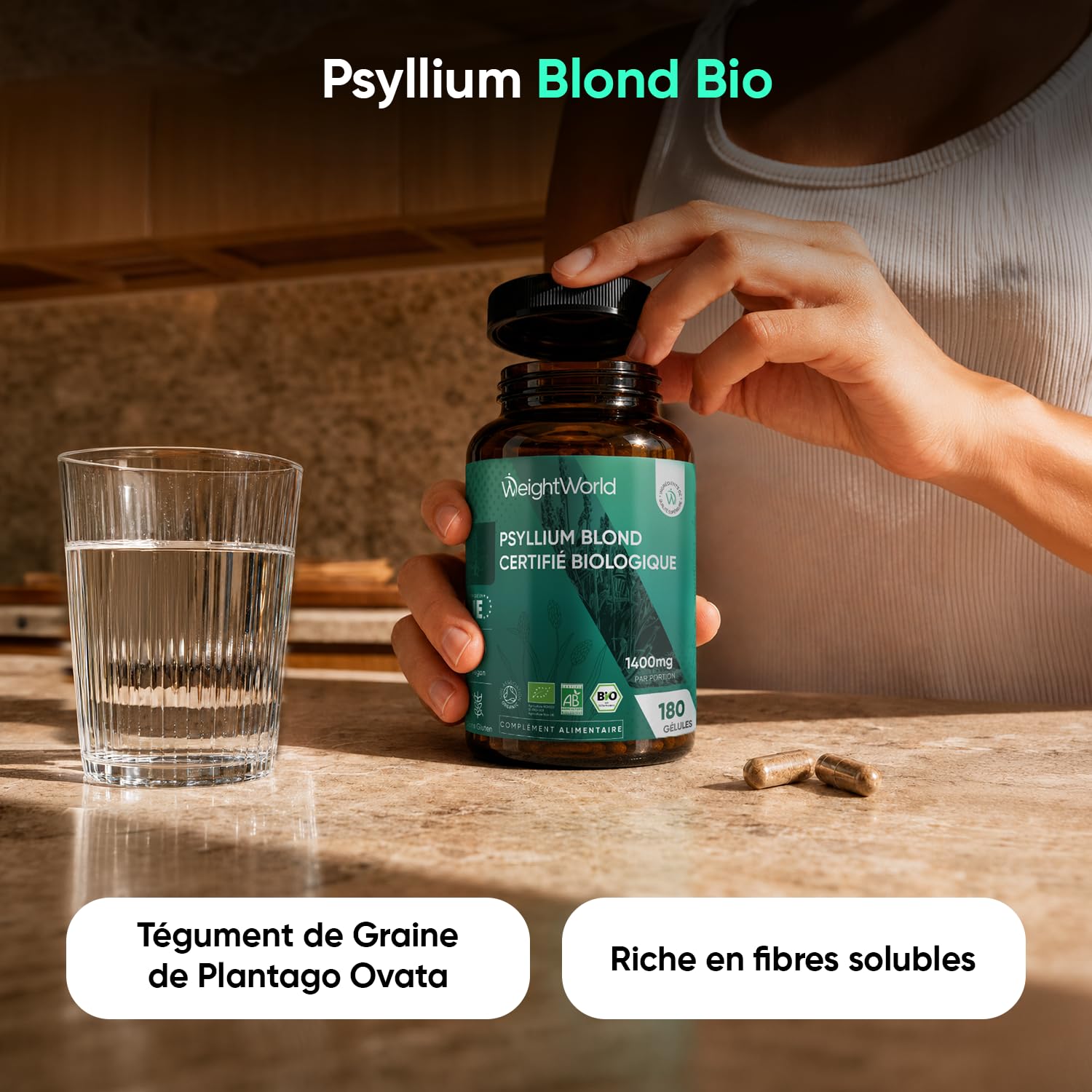 Psyllium Blond Bio 180 Gélules Vegan Multi-Usages (3 Mois) - Plantago Ovata