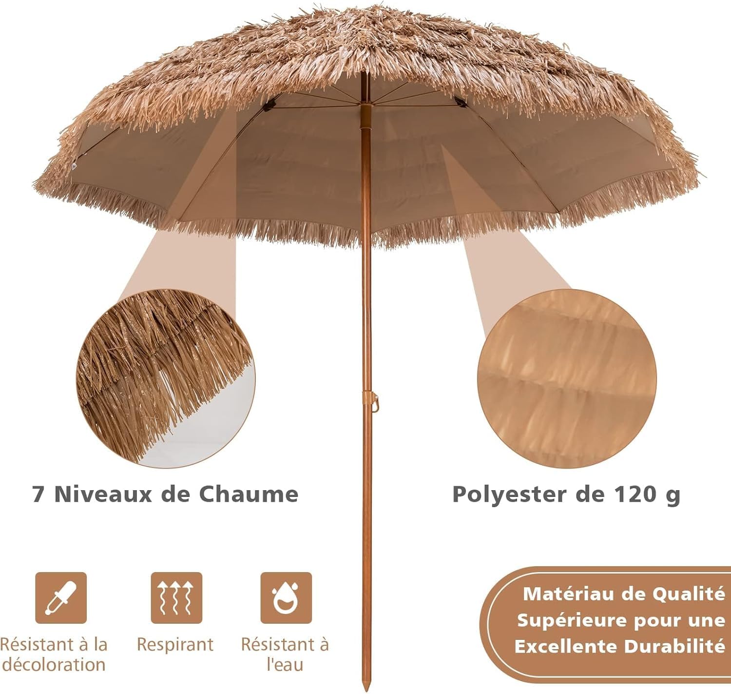GOPLUS Parasol de Jardin Exterieur en Chaume PP, 2,4M Parasol Paille de Style Hawaïen Tropical avec Toit, 8 Baleines, 7 Couches, Anti-UV, pour Plage Patio Terrasse, Base Non Inclus