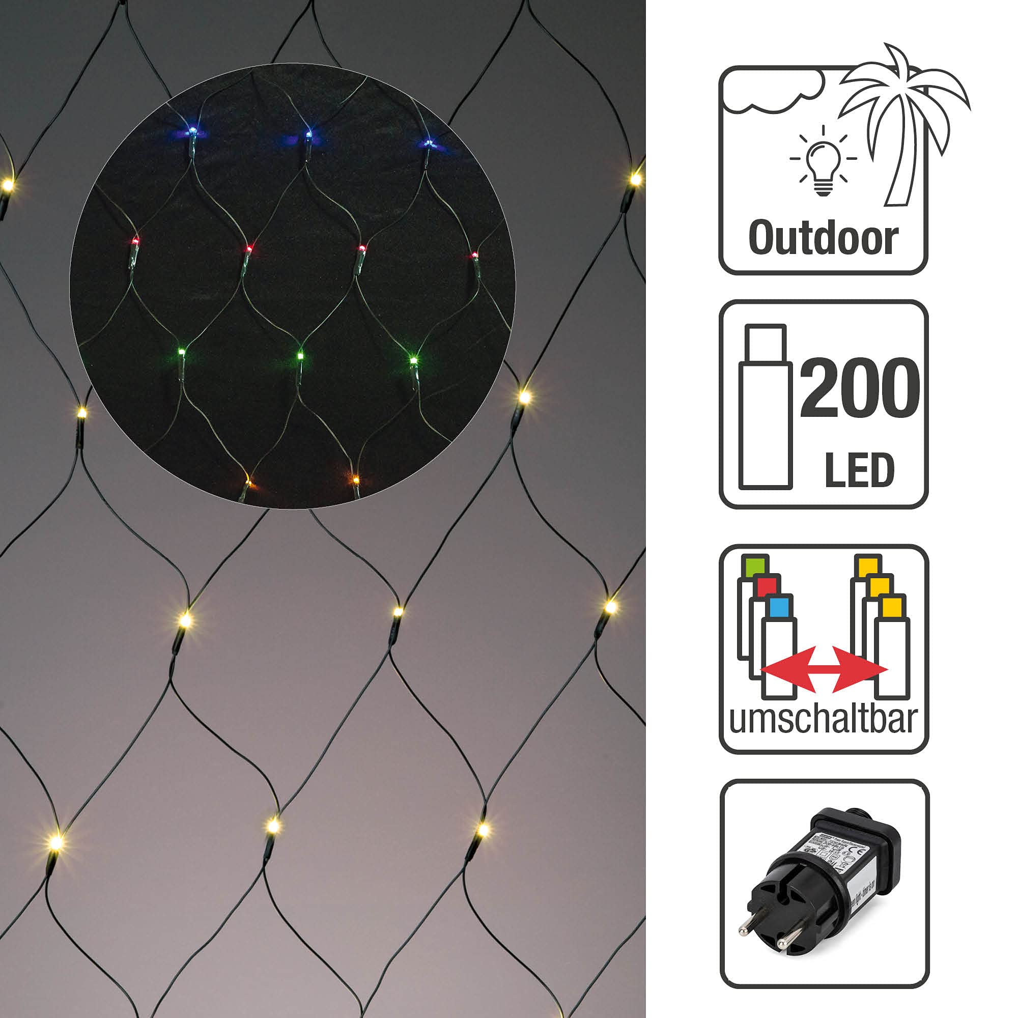 hellum-Lichternetz außen Buschbeleuchtung 200 warm-weiße/bunte (umschaltbar) LED 3x1,5m mit Timer für Balkon Hauswand Pavillon Garten für Party Weihnachten Hochzeit, 59 lm, für Innen + Außen 577051