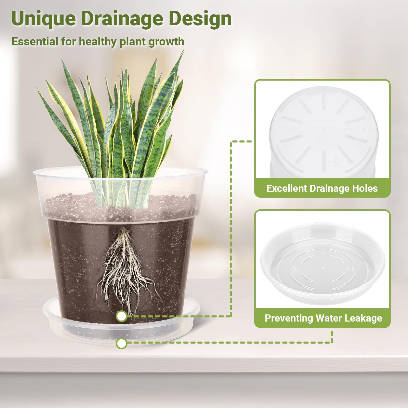 GREANER Lot de 10 grands pots transparents en plastique de 25,4 cm d'épaisseur avec trous de drainage, récipients décoratifs modernes pour intérieur et extérieur avec 10 étiquettes pour plantes
