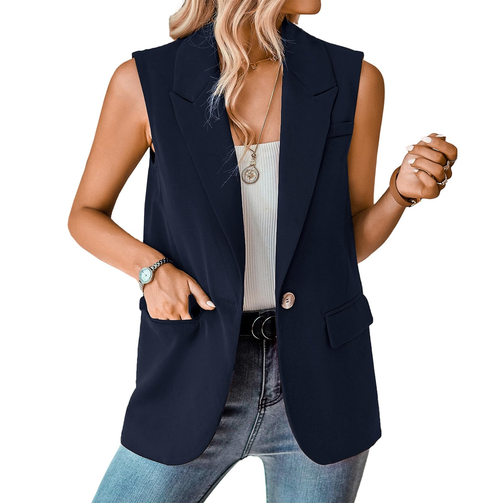 Womens Sleeveless Blazer Vest Open Front Lightweight Casual Blazer Fashion Work Office Waistcoat Vest with Pockets-image-18