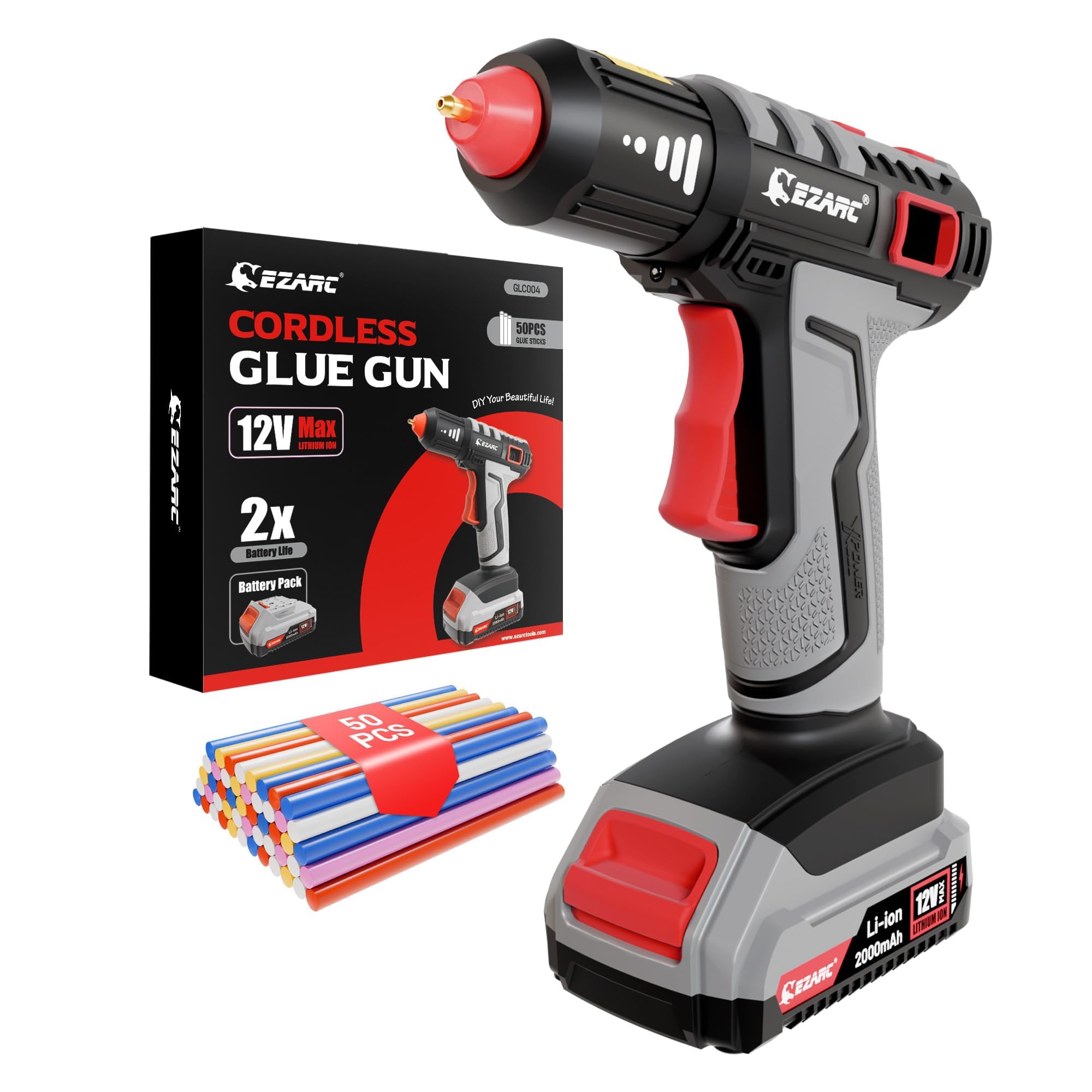 ezarc cordless hot glue gun, 15s fast heating 12v mini glue gun for diy crafts, home repairs, school projects, decorations, with 50 glue sticks (30 clear & 20 colored)