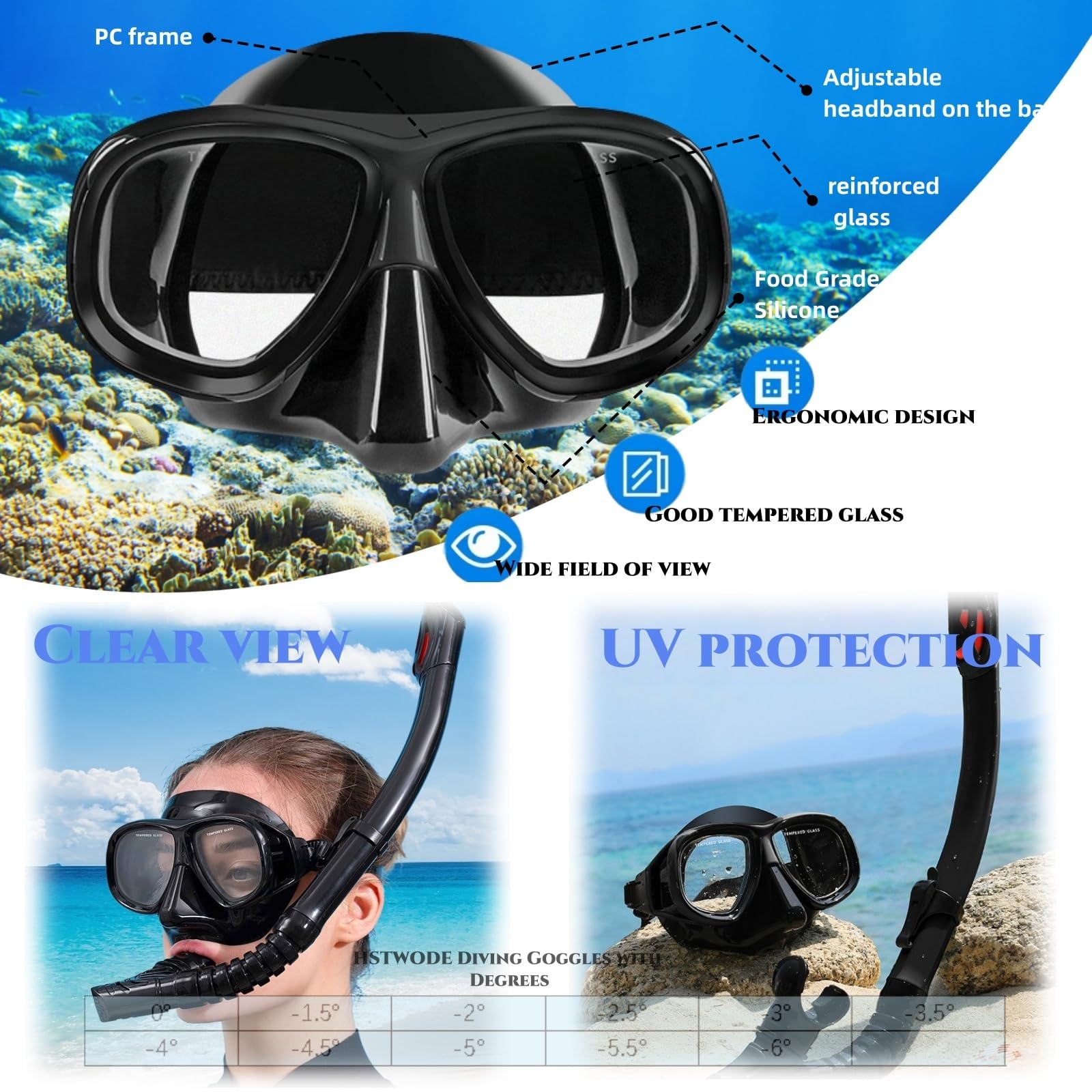 Juego de esnórquel con visión, dioptrías: 0 a -6, juego de buceo para adultos con gafas antivaho y tubo seco, set de esnórquel para adultos