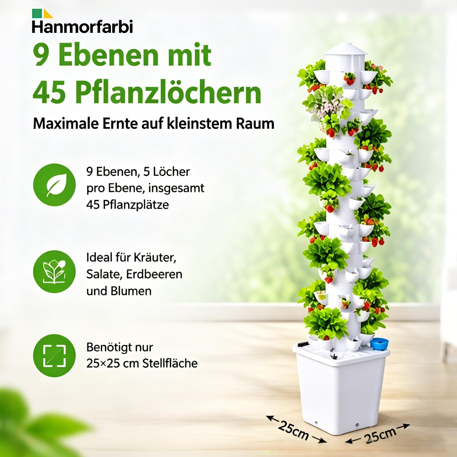Vertikaler Hydroponischer Turm, Home Smart Gemüseanbauer, Torffreier Salat-Anbauturm, 45 LöCher Hydroponic Growing System Rain Shower Columns
