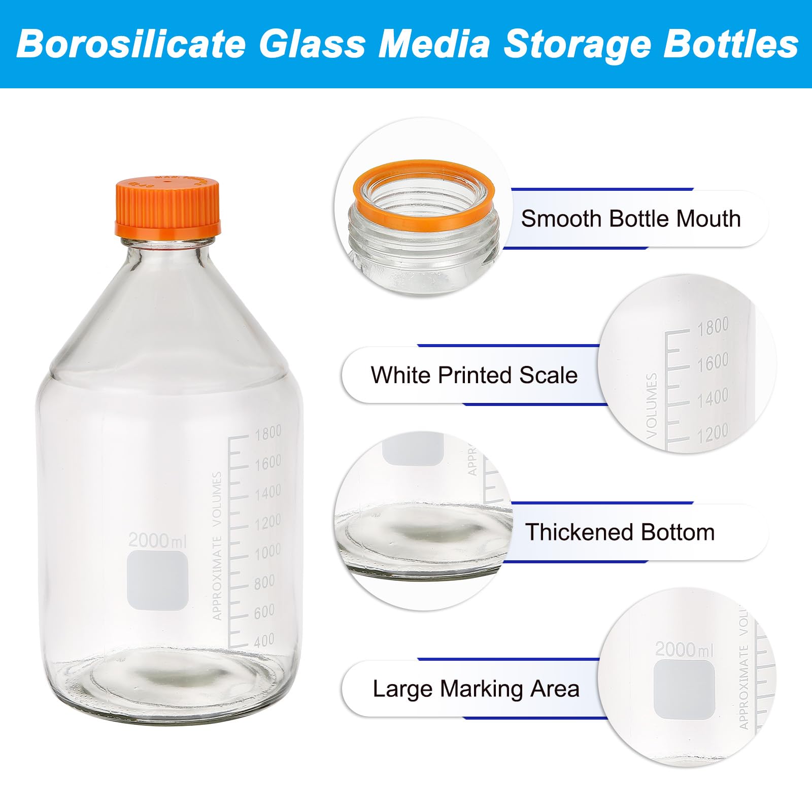 PATIKIL 1 Confezione Flaconi Per Conservazione Reagenti, 2000ml Borosilicato Vetro Graduato Flaconi Rotondi Con Coperchio A Vite Arancione GL32 Per Liquidi Reagenti Laboratorio