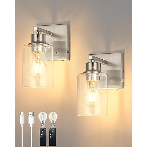Rechargeable Battery Wall Sconce Set of Two, Wireless, Dimmable, Timer, Remote, Touch Control, 3000K, USB-C Charging for Living Room, Bedroom Nickel (Include 2 Special Bulbs)