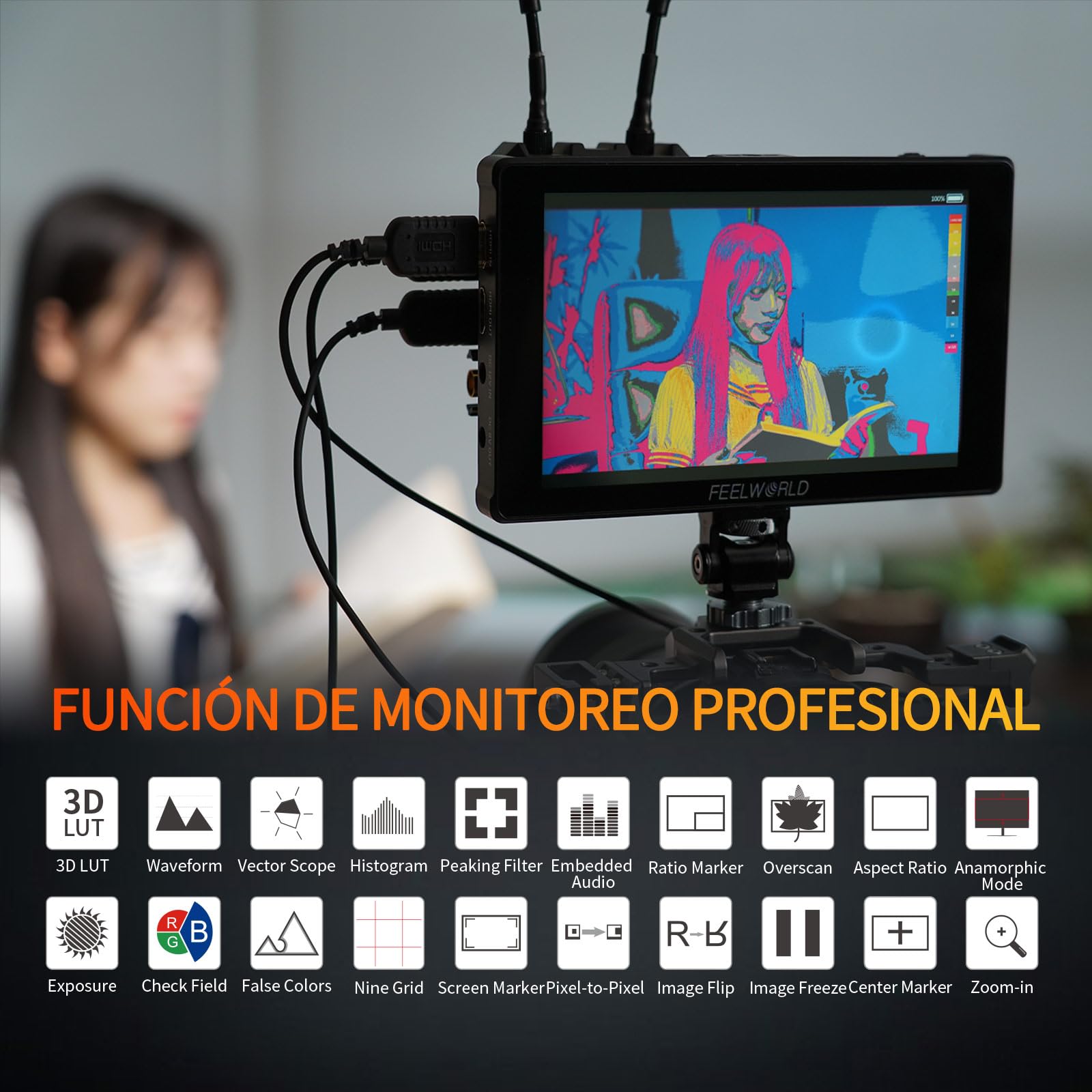 FEELWORLD F7 Plus Monitor de Campo para Cámara DSLR de 7 Pulgadas 1200nit Pantalla Táctil con 3D Lut F970 Alimentación Externa Kit de Instalación 1920x1200 4K 60Hz Entrada y Salida HDMI