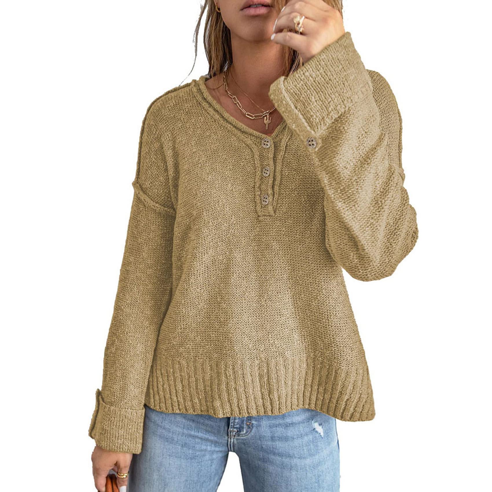 Women's Autumn and Winter Fashion Solid Colour V-Neck Loose Button Knit Long Sleeve Drop Shoulder Sweater