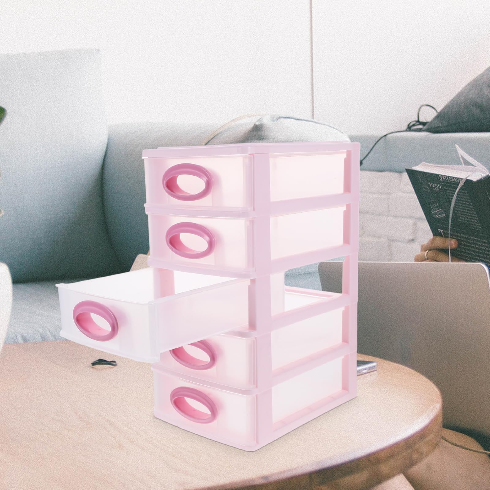 NUOBESTY Organizzatore da Scrivania Multifunzionale a 5 Strati in Pp Rosa, Cassetto per Cosmetici e Trucchi Design Semplice, Pratico e Decorativo per Ufficio e Casa